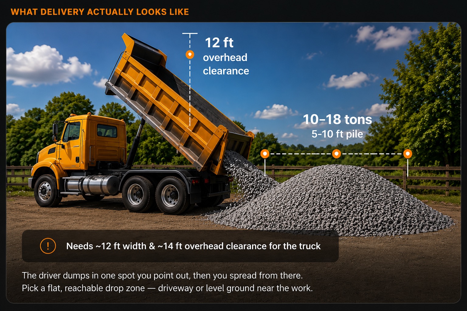 Dump truck unloading a gravel pile.
