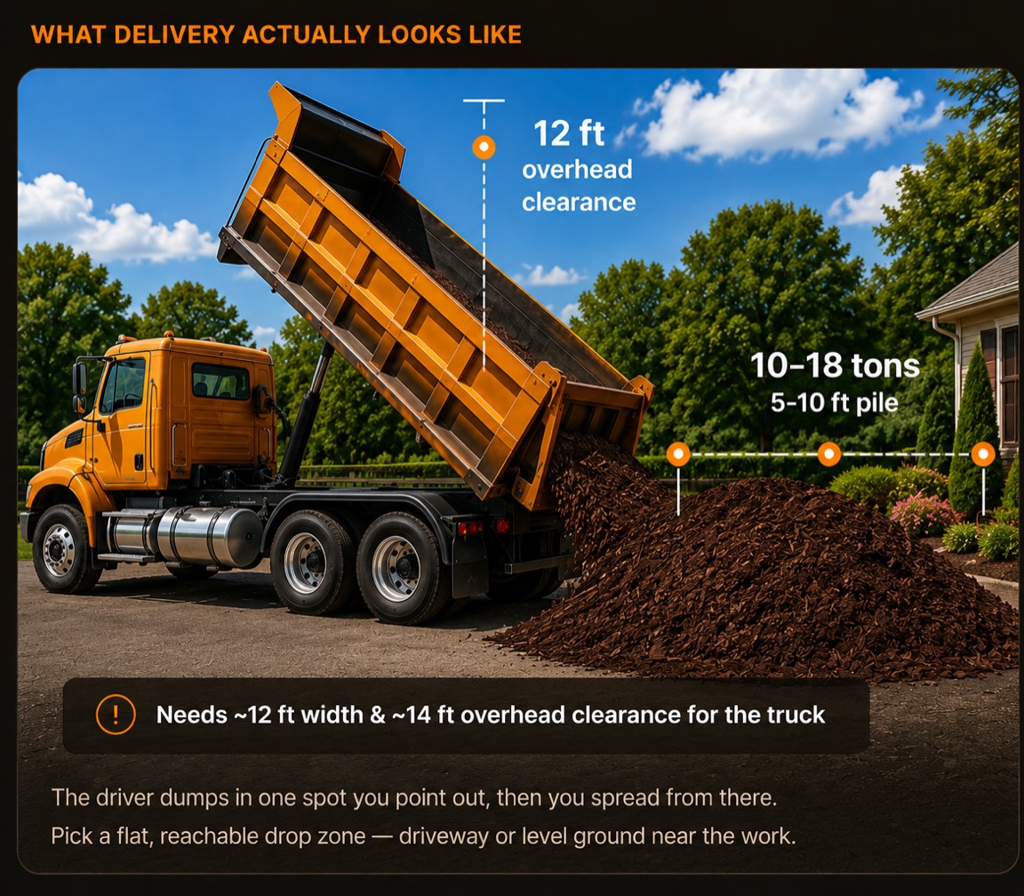 Dump truck unloading a pile of mulch.