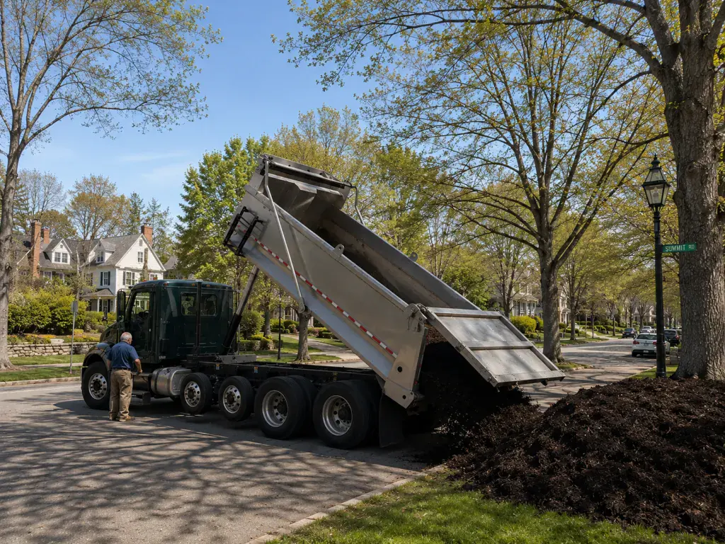 A Hello Gravel dump truck unloading a fresh load of mulch outside a New England home