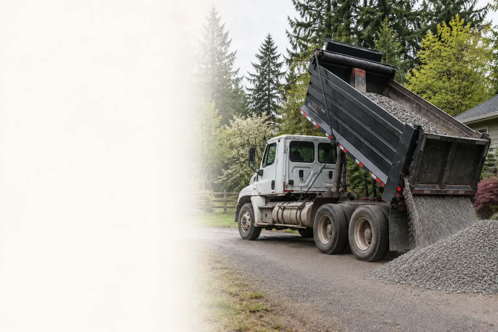 A dump truck tipping a load of gray gravel onto a driveway lined with evergreens