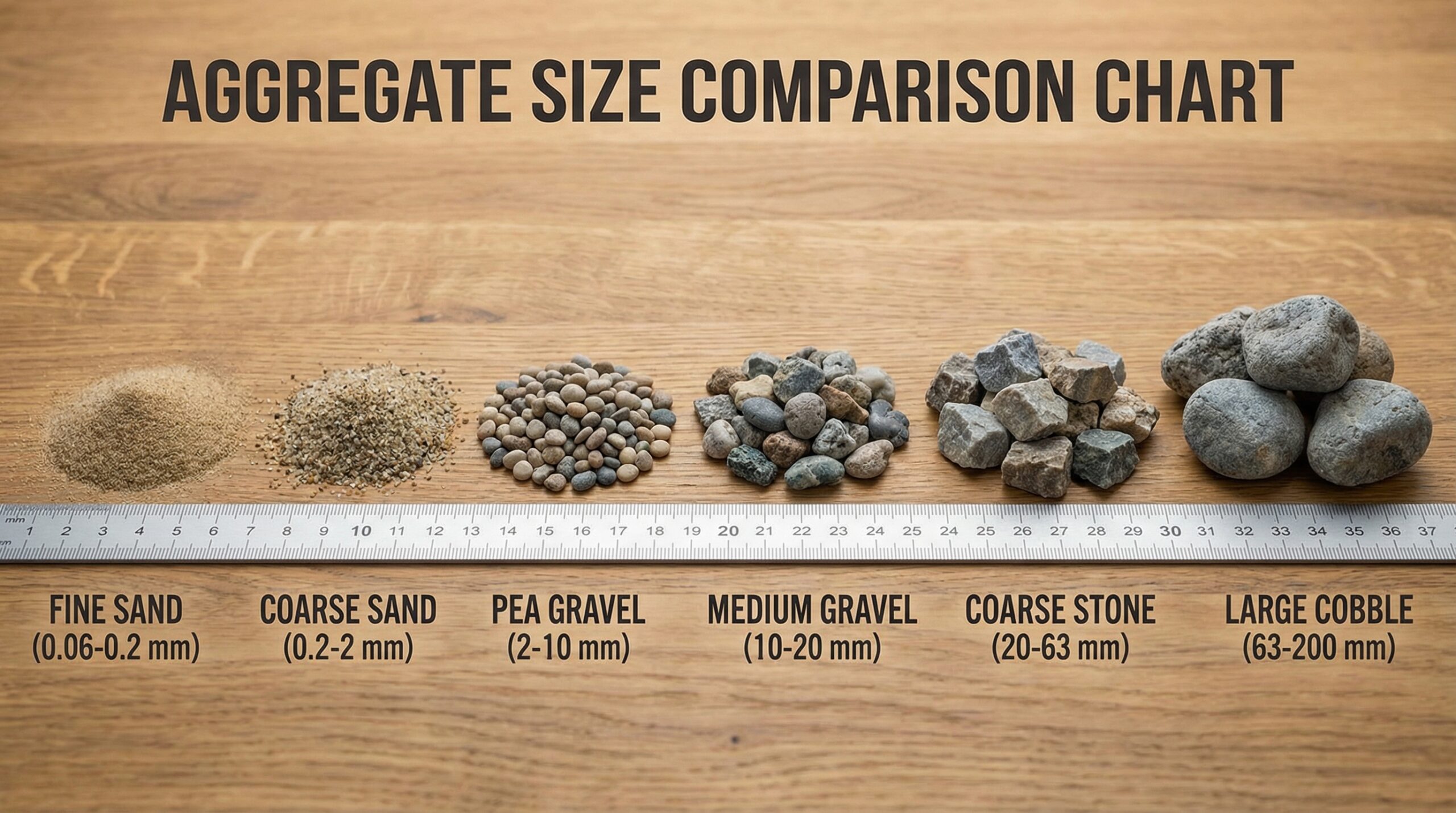 Aggregate size comparison chart showing different sizes from fine sand to coarse stone