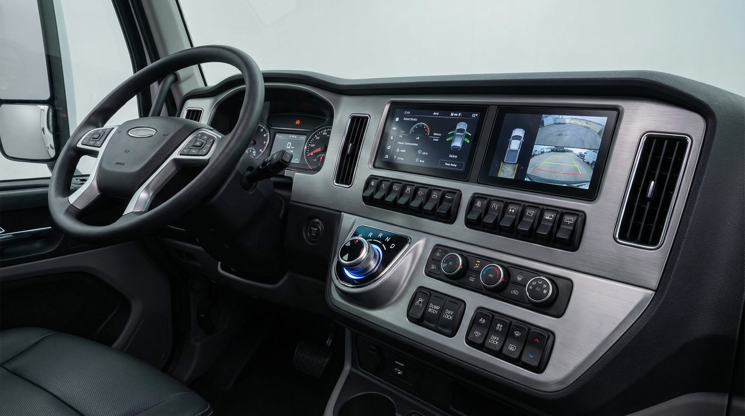 Automatic dump truck dashboard controls and transmission shifter