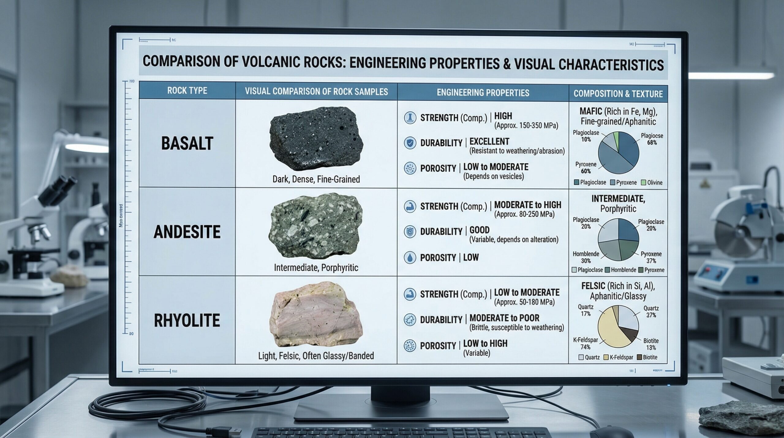 Comparison chart of basalt vs other volcanic rocks engineering properties