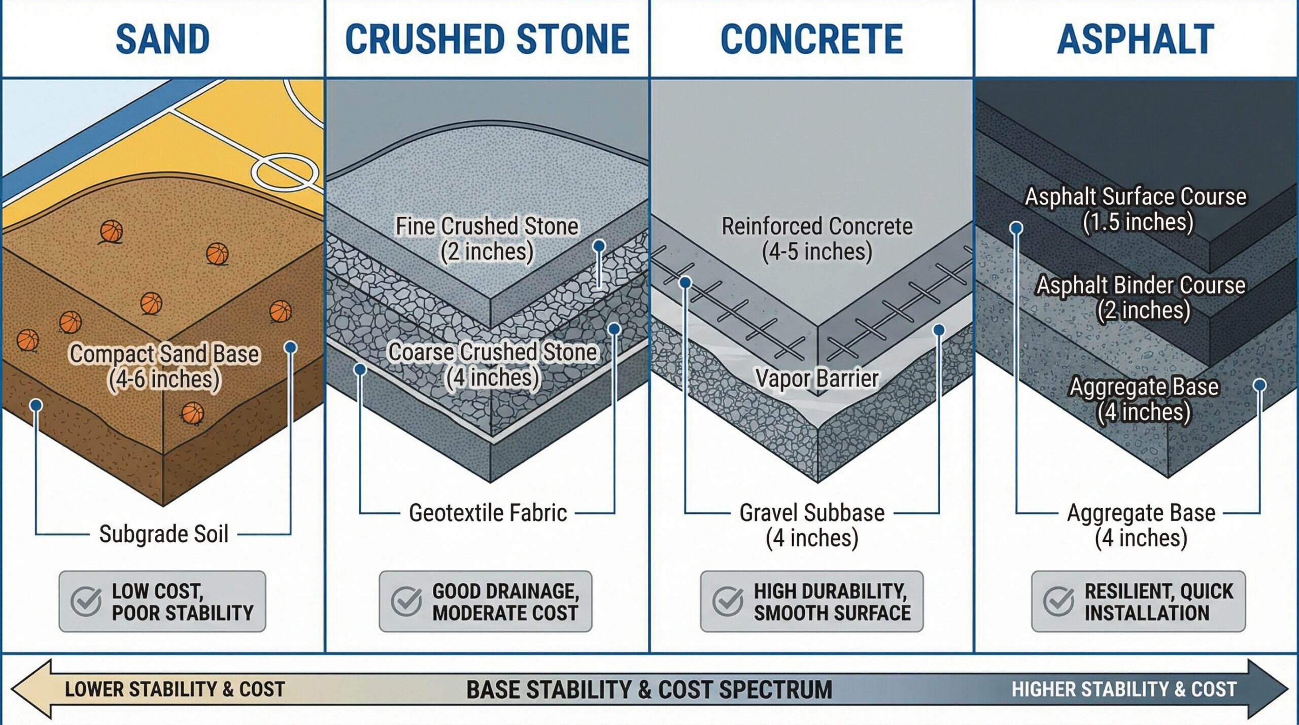 Comparison of basketball court construction base materials including sand, crushed stone, concrete and asphalt