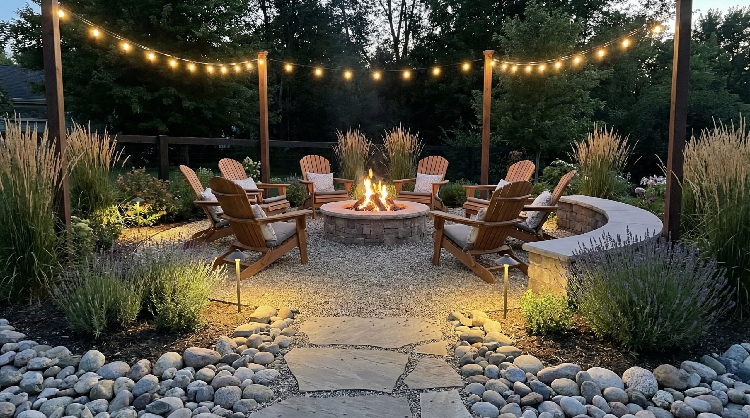 Beautiful pea gravel fire pit area with seating lighting and landscaping design elements
