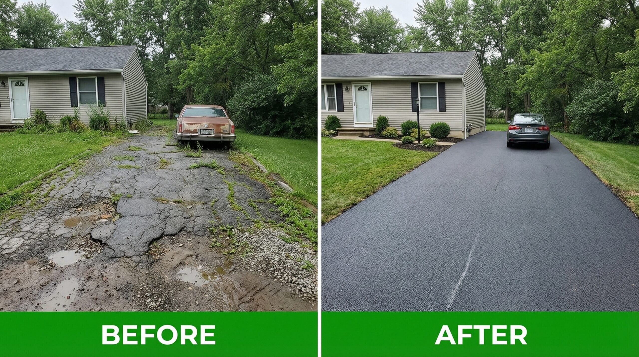 Before and after slag driveway installation photos