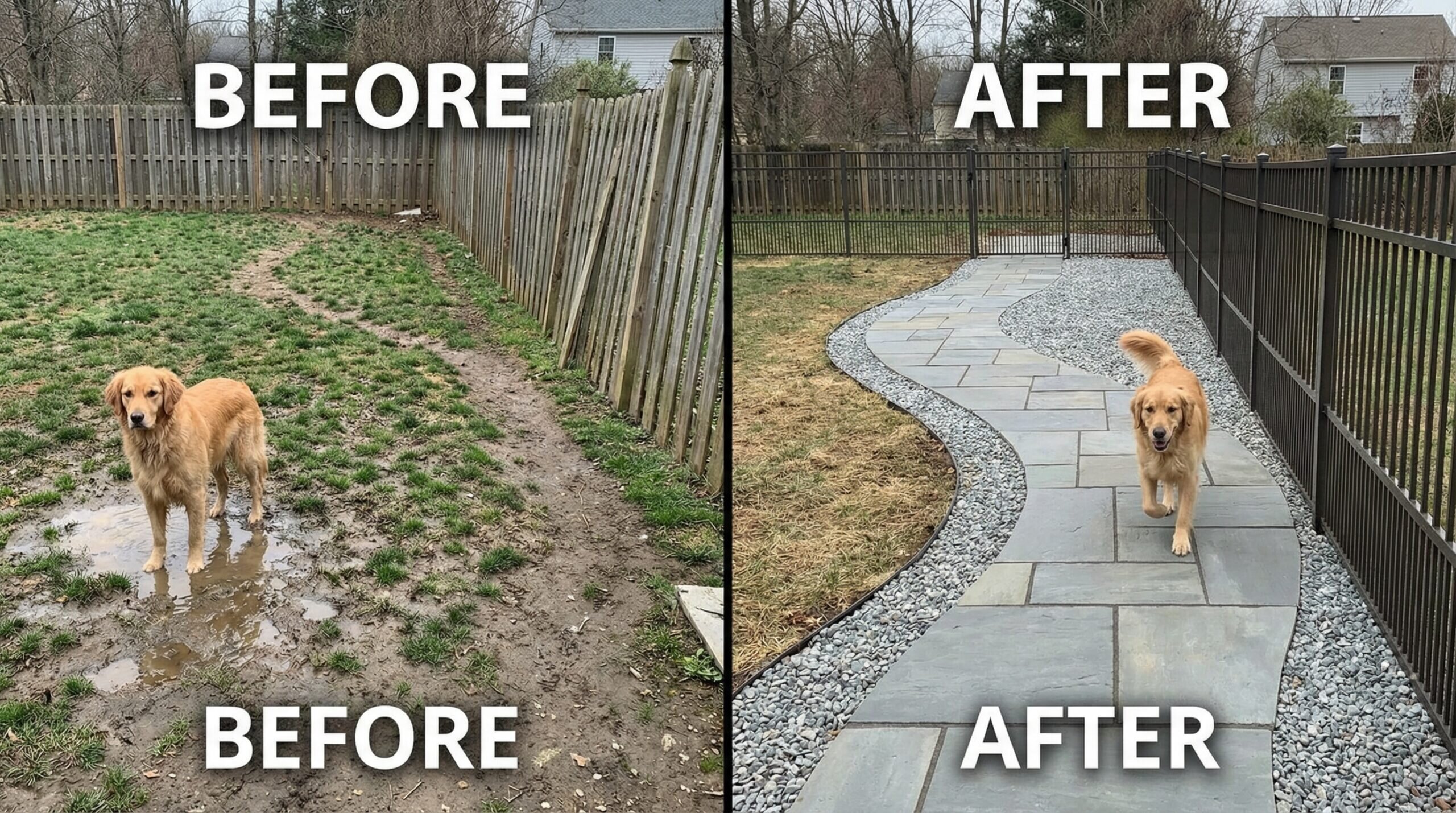 Before and after dog run installation showing bluestone transformation