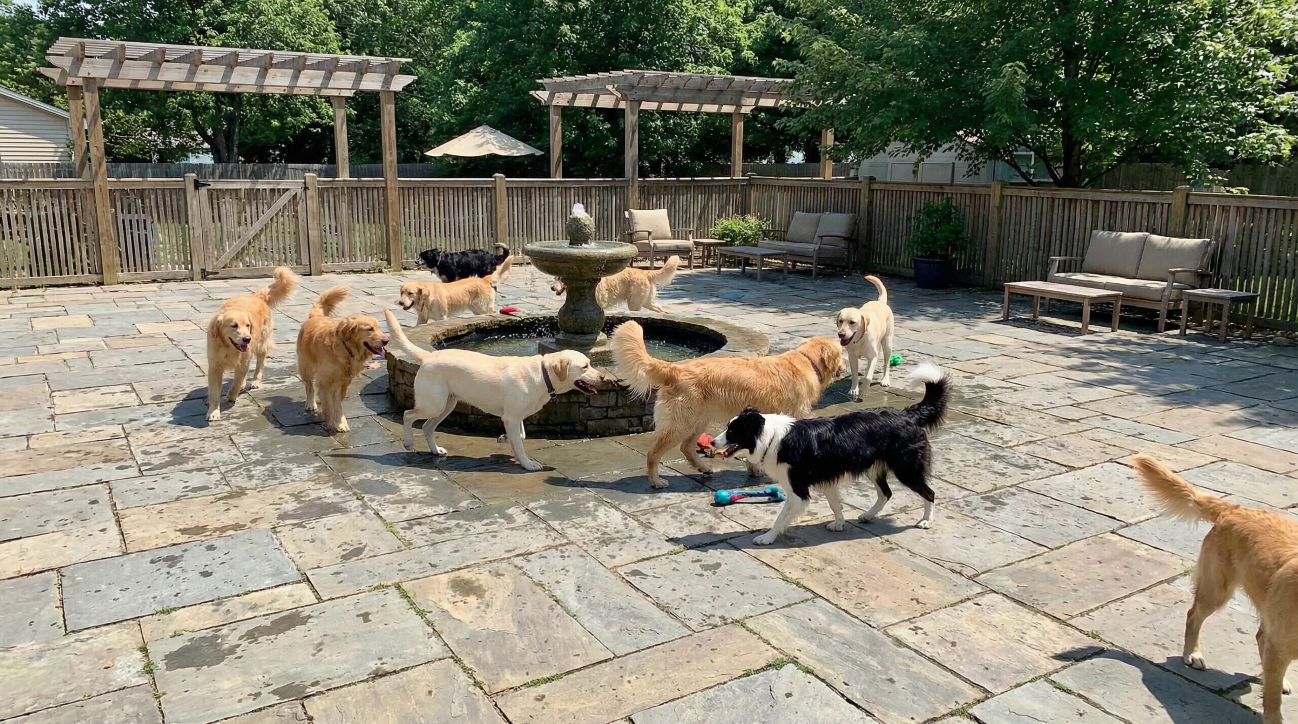 Bluestone dog run outdoor space with happy dogs playing