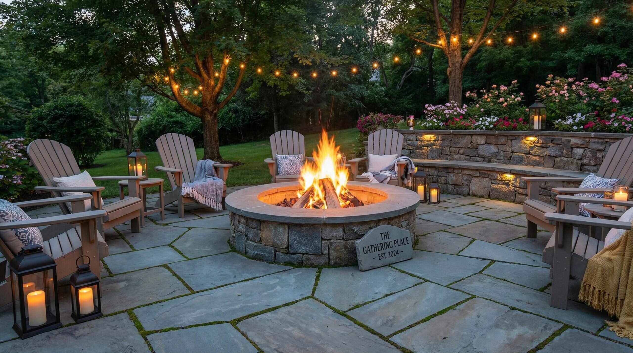 Bluestone patio with fire pit outdoor setting