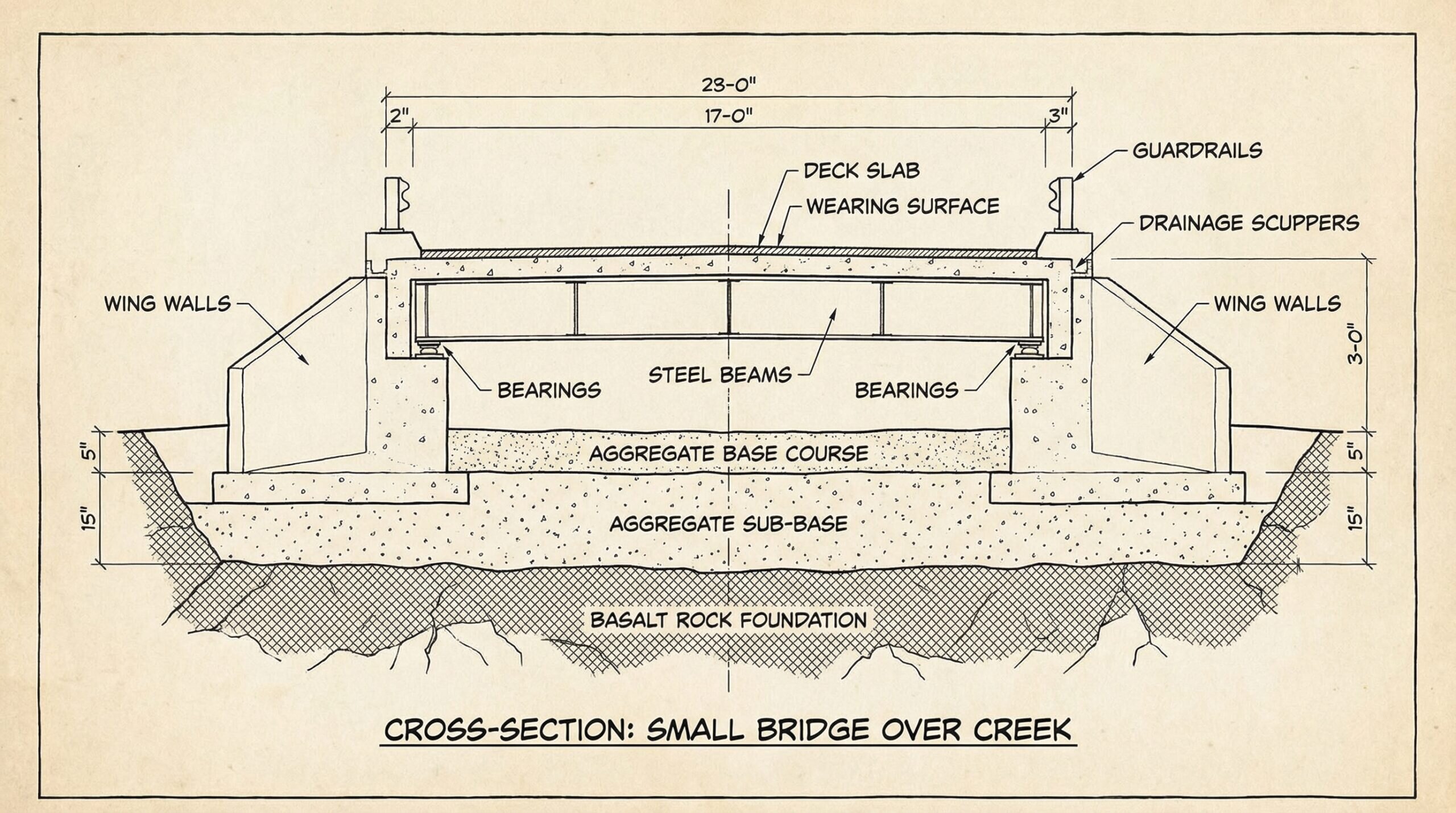 Cross-section of small bridge showing basalt foundation and aggregate applications