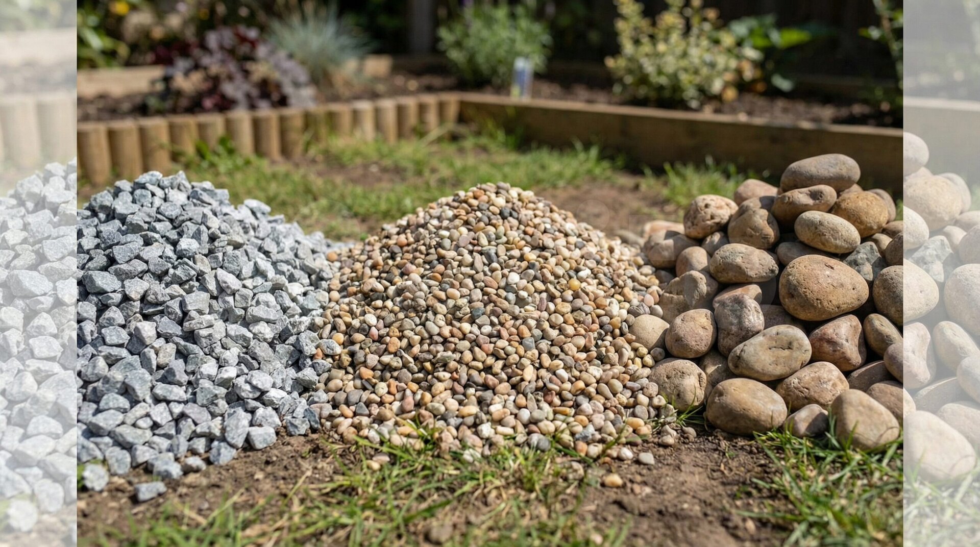 Different types of bulk gravel materials including crushed stone, pea gravel, and river rock for landscaping comparison