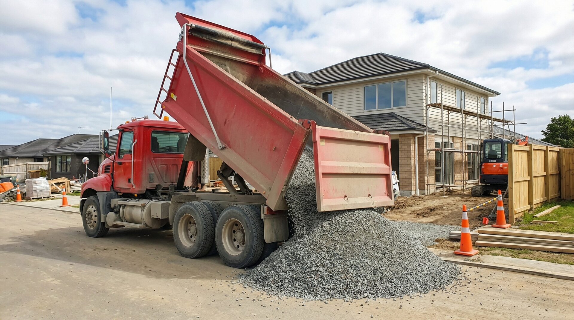 Bulk gravel delivery truck on residential driveway construction project