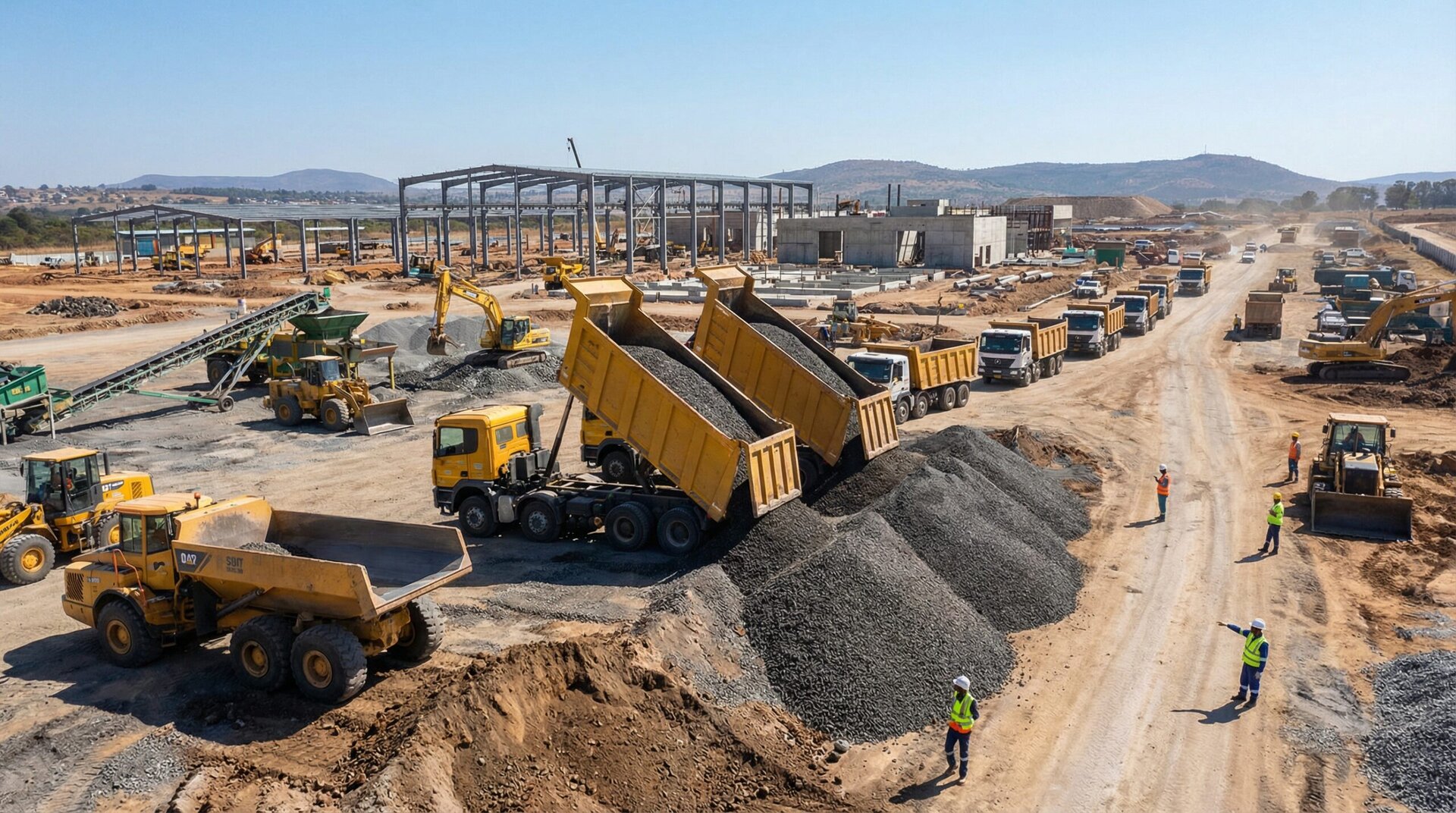 Bulk gravel delivery trucks at construction site with cost savings