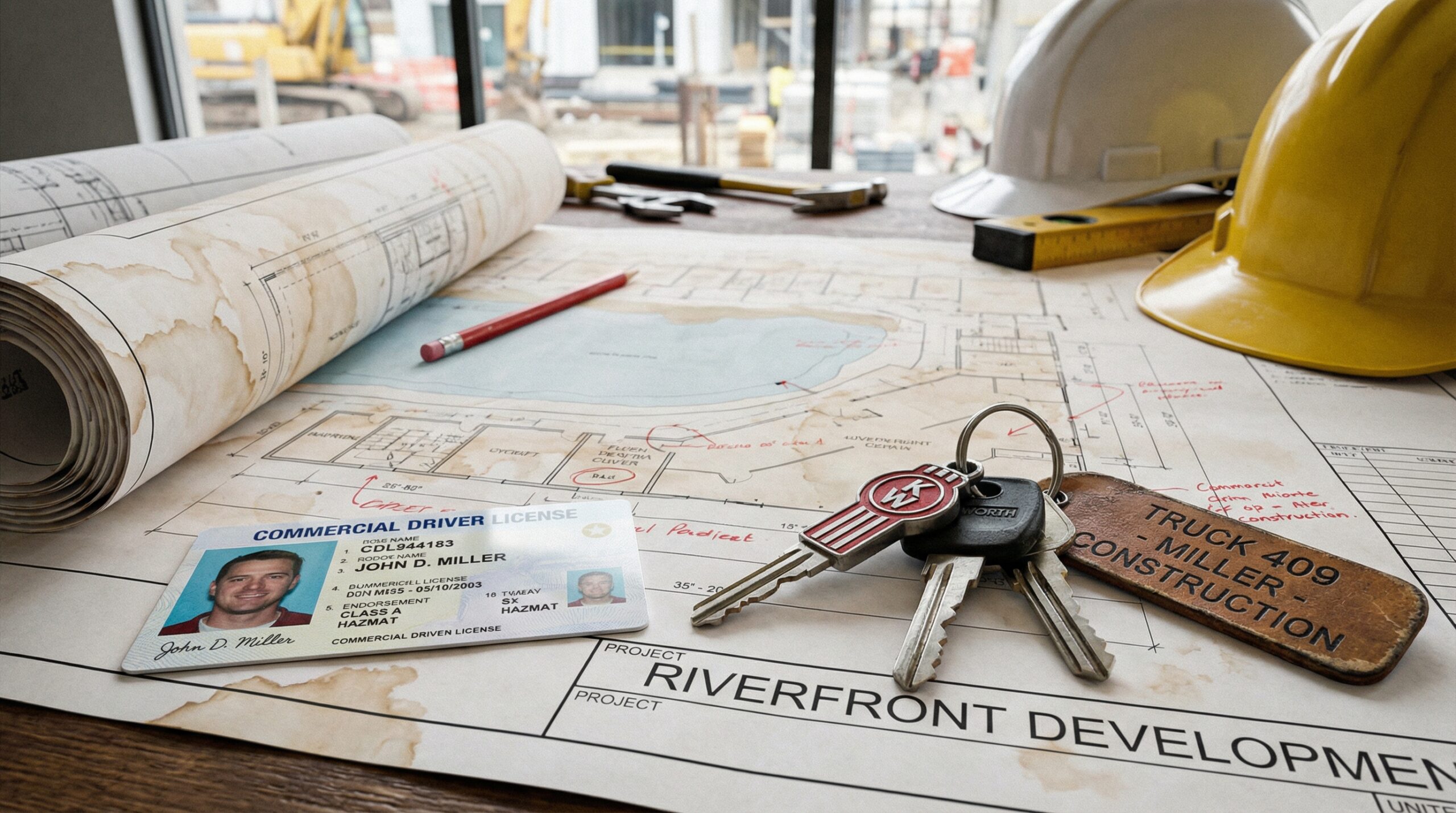 CDL license and dump truck keys on construction plans