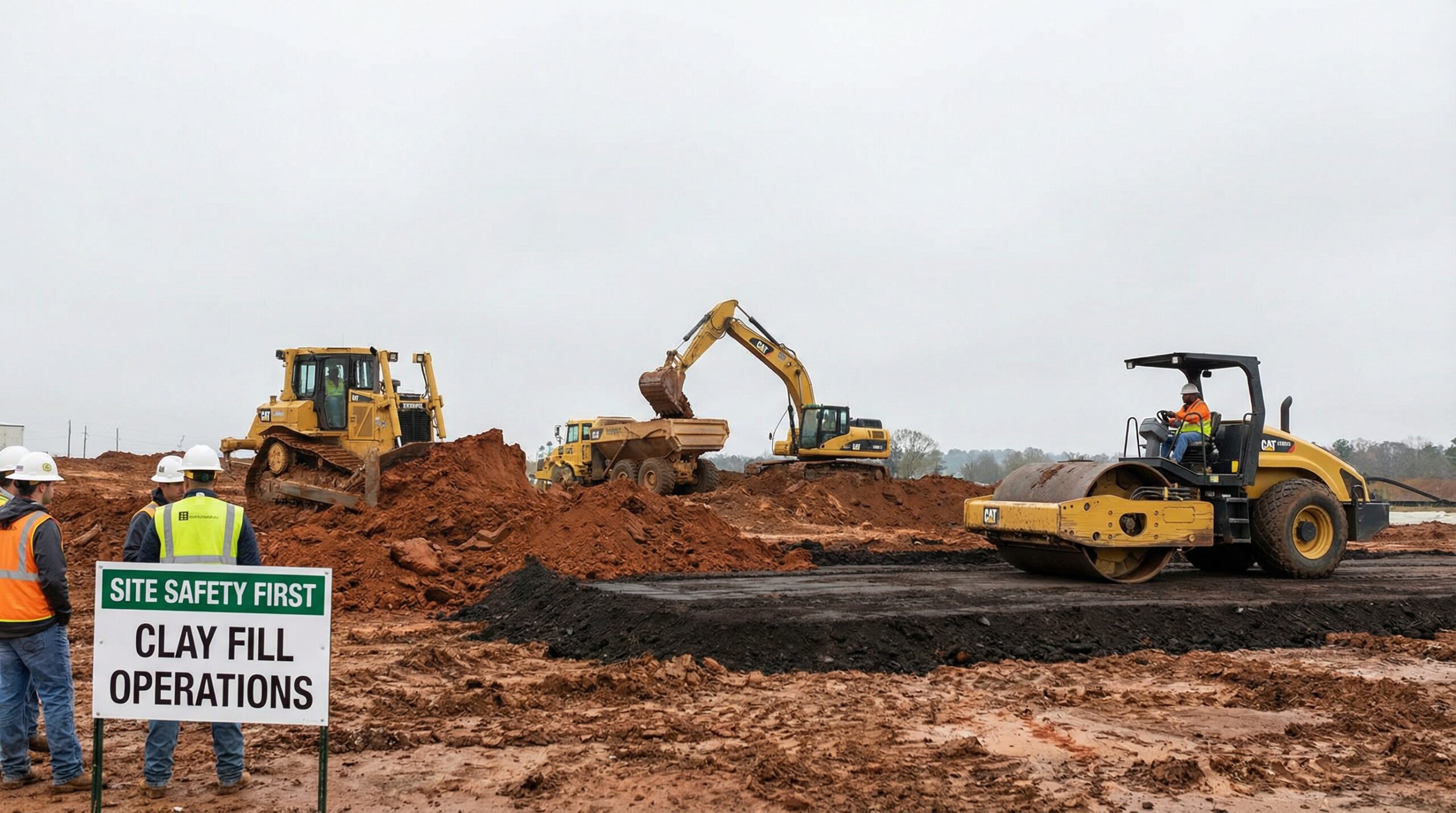 Construction site showing clay subsoil being placed and compacted in lifts