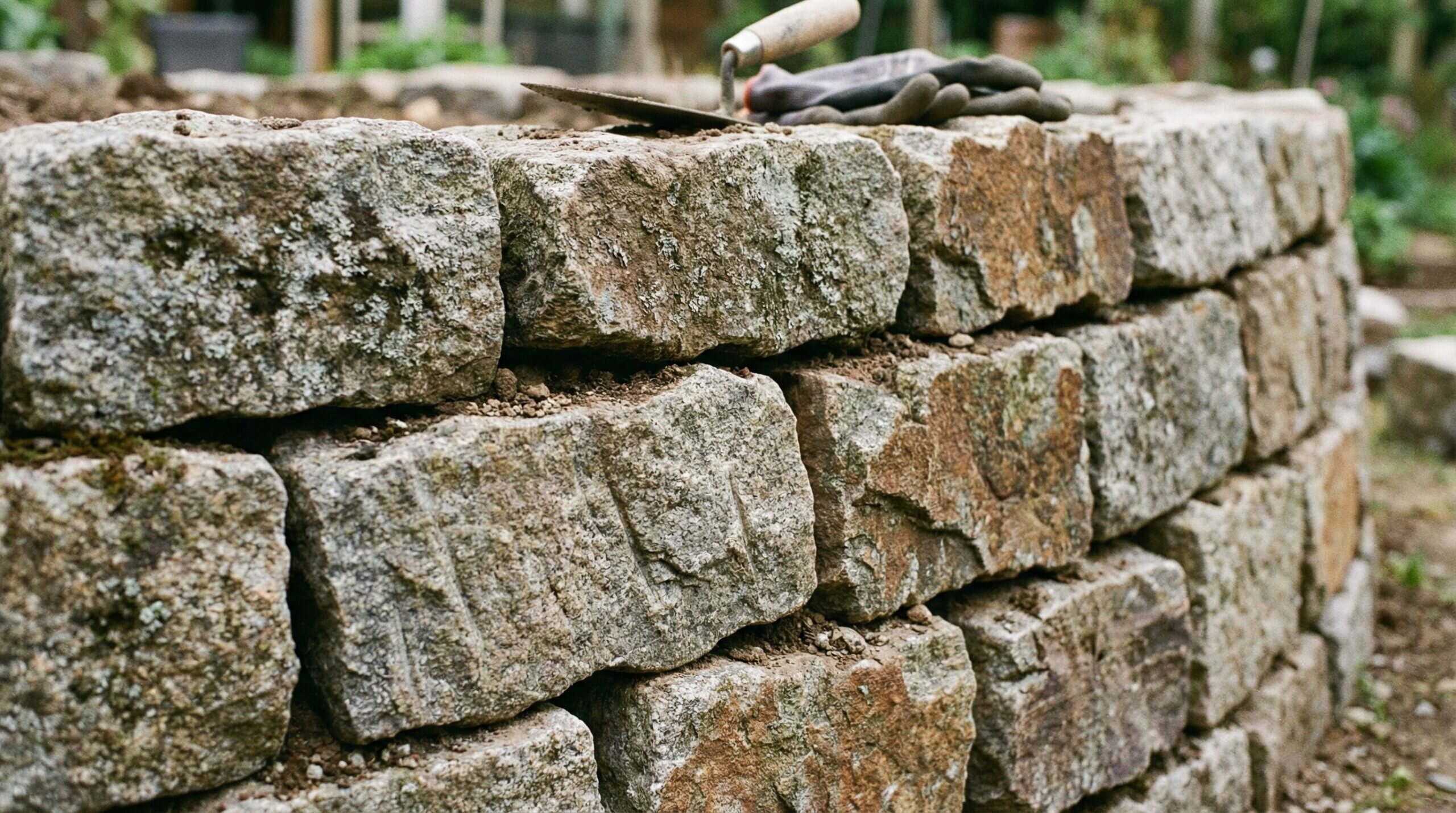 Close-up granite blocks stacked for garden bed construction