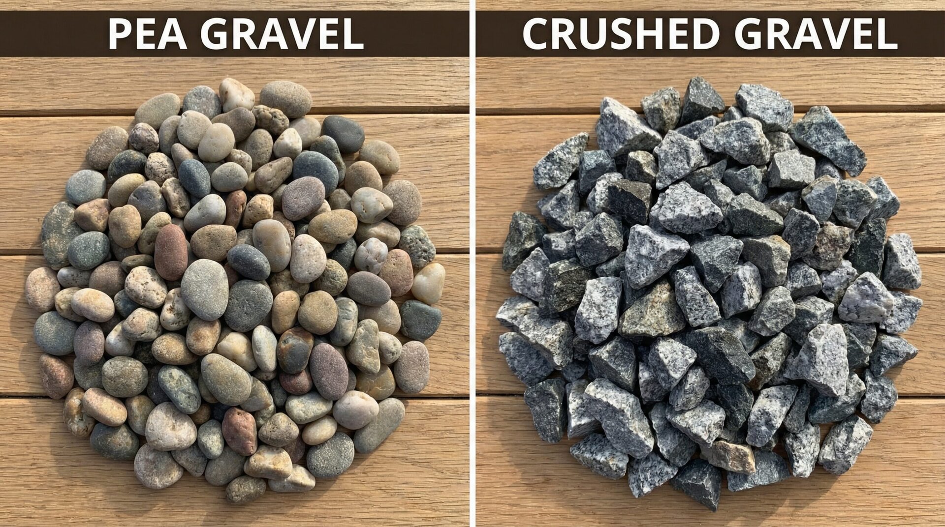Comparison of pea gravel and crushed gravel side by side showing texture differences