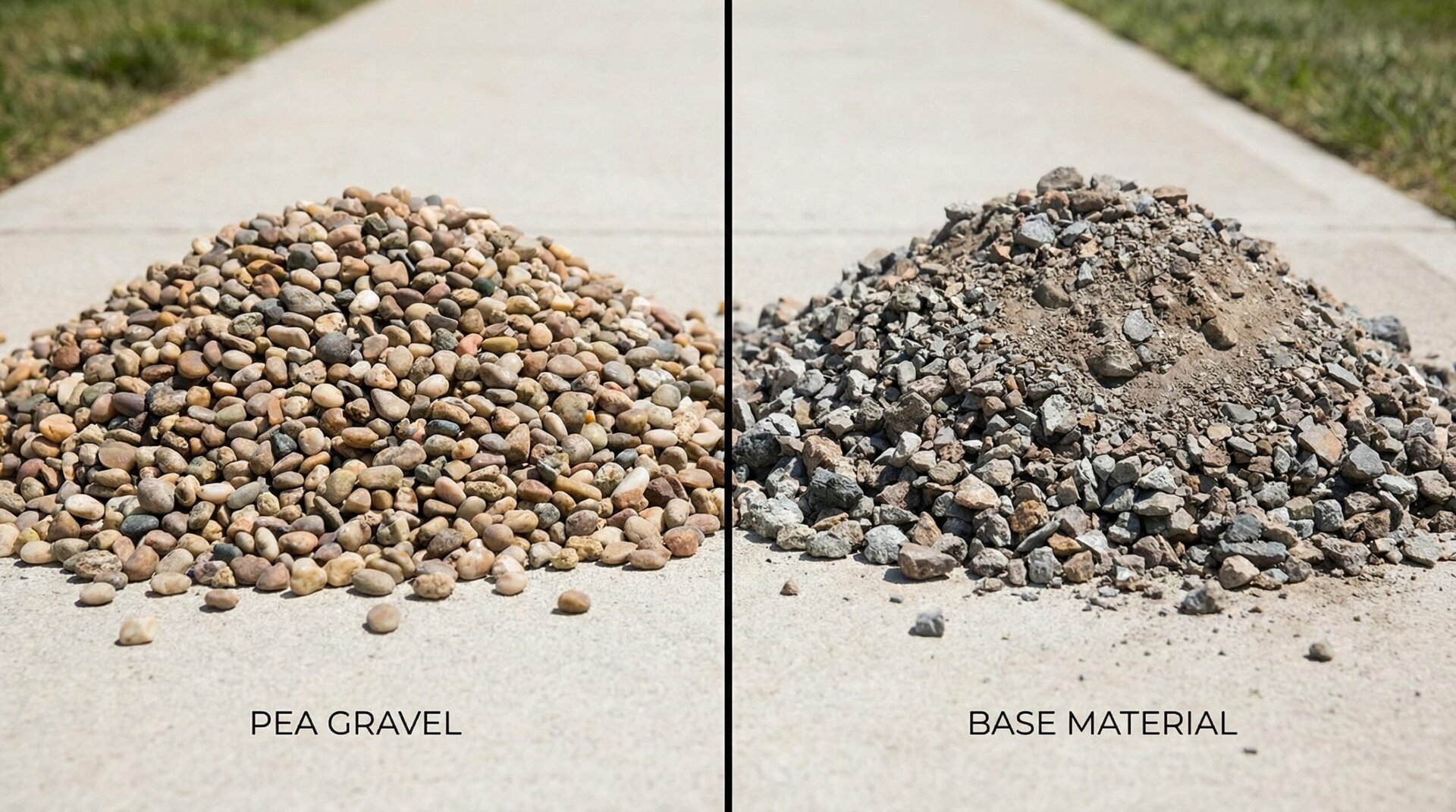 Comparison of pea gravel and base material side by side