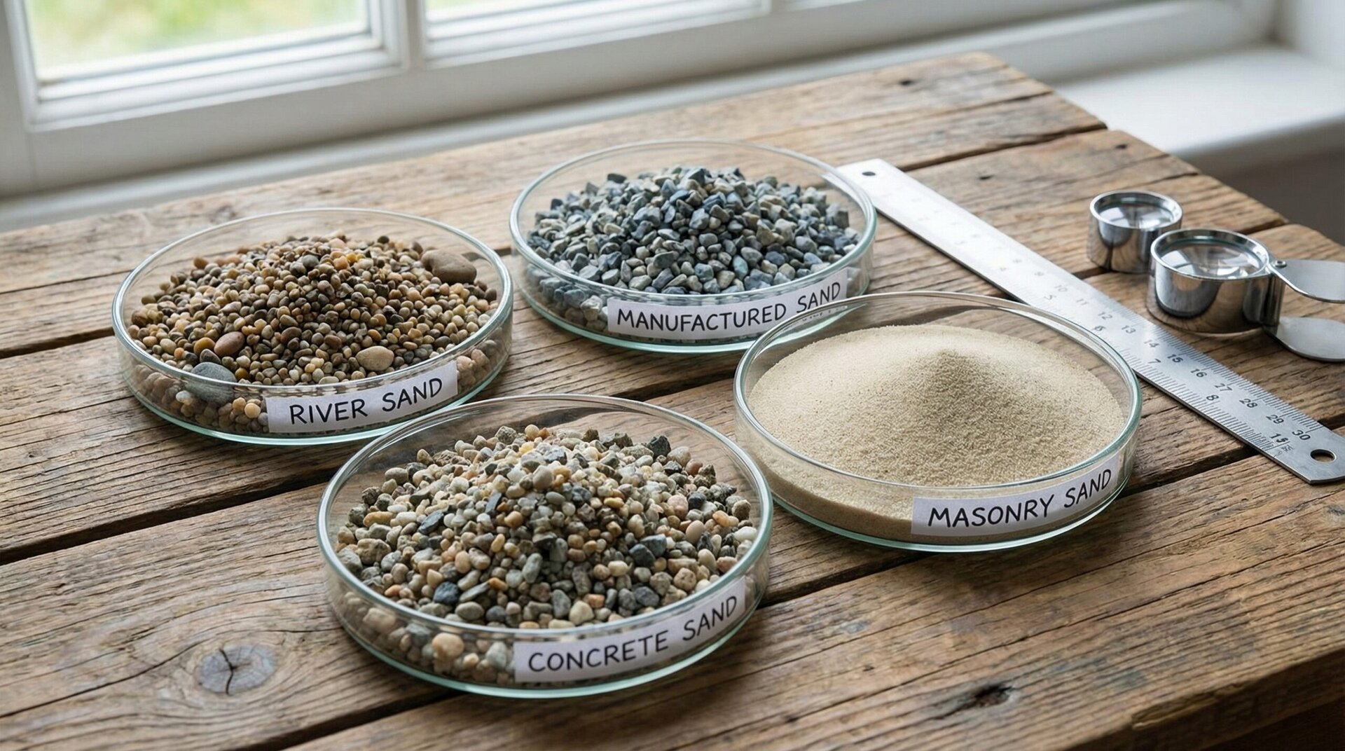 Different types of construction sand comparison showing various textures and grain sizes