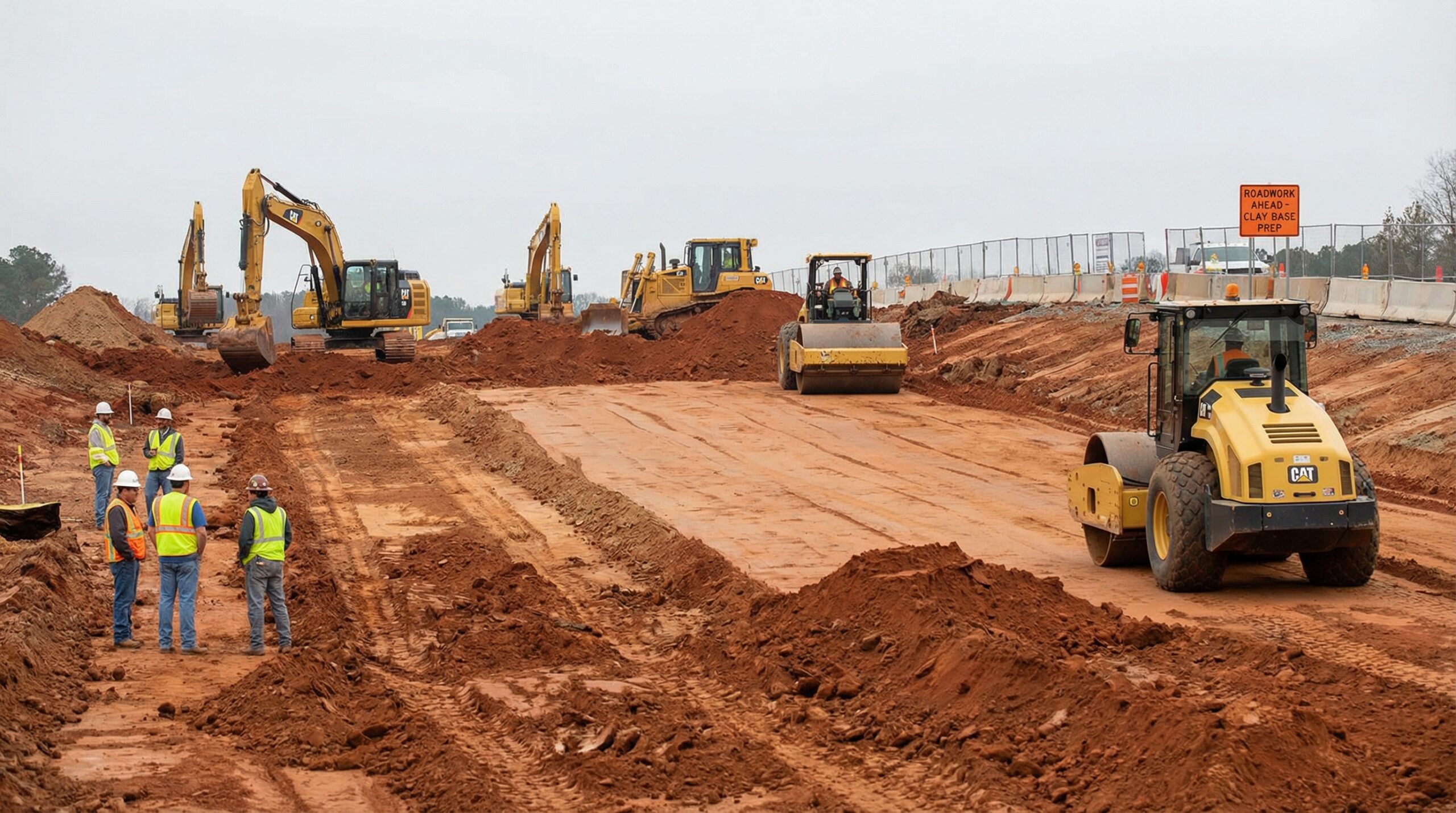 Construction site showing clay soil being prepared for road base