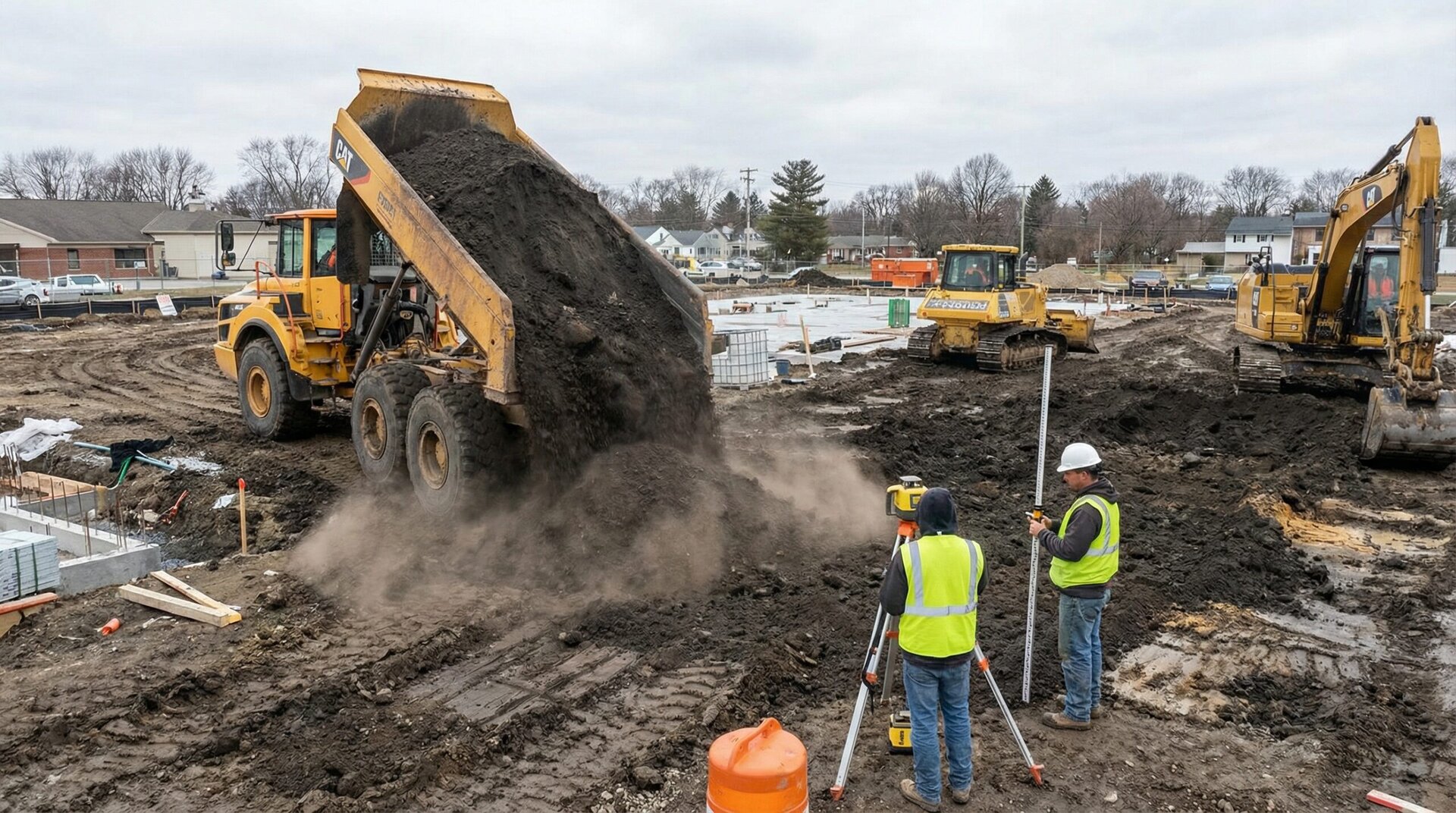 Construction site with fill dirt being delivered and measured
