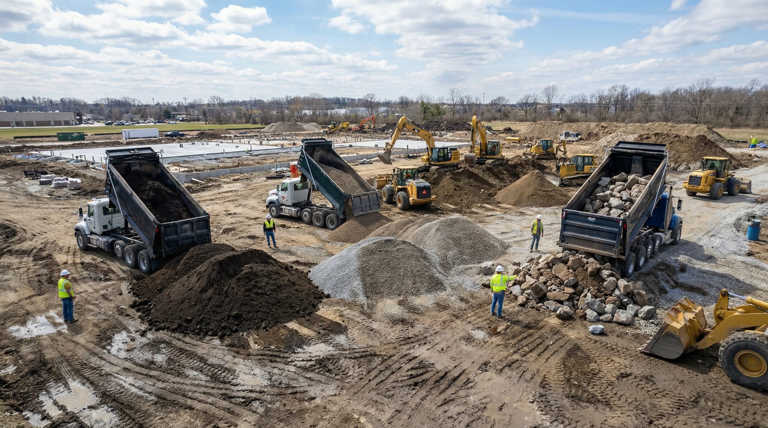 Construction site with different fill materials being delivered