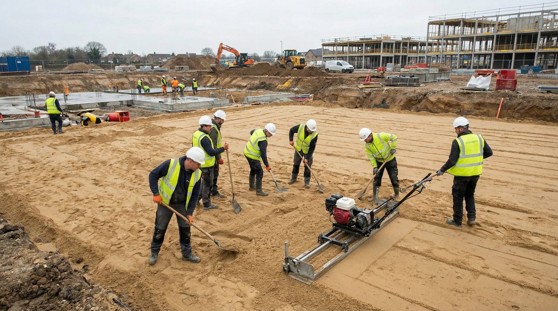 Construction site workers applying and leveling sand on ground