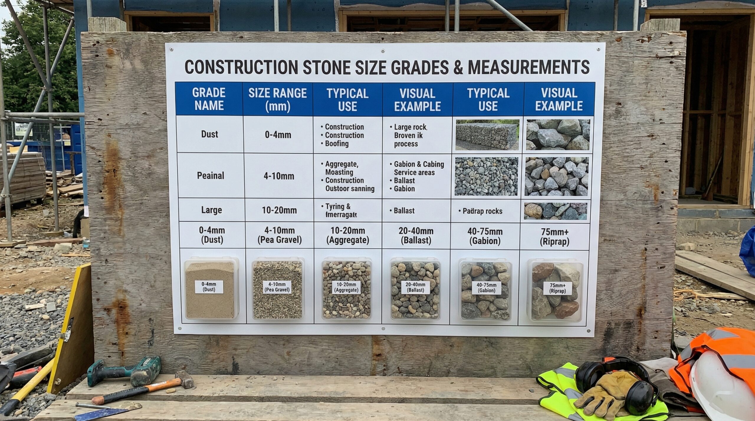 Construction stone size chart with various grades and measurements