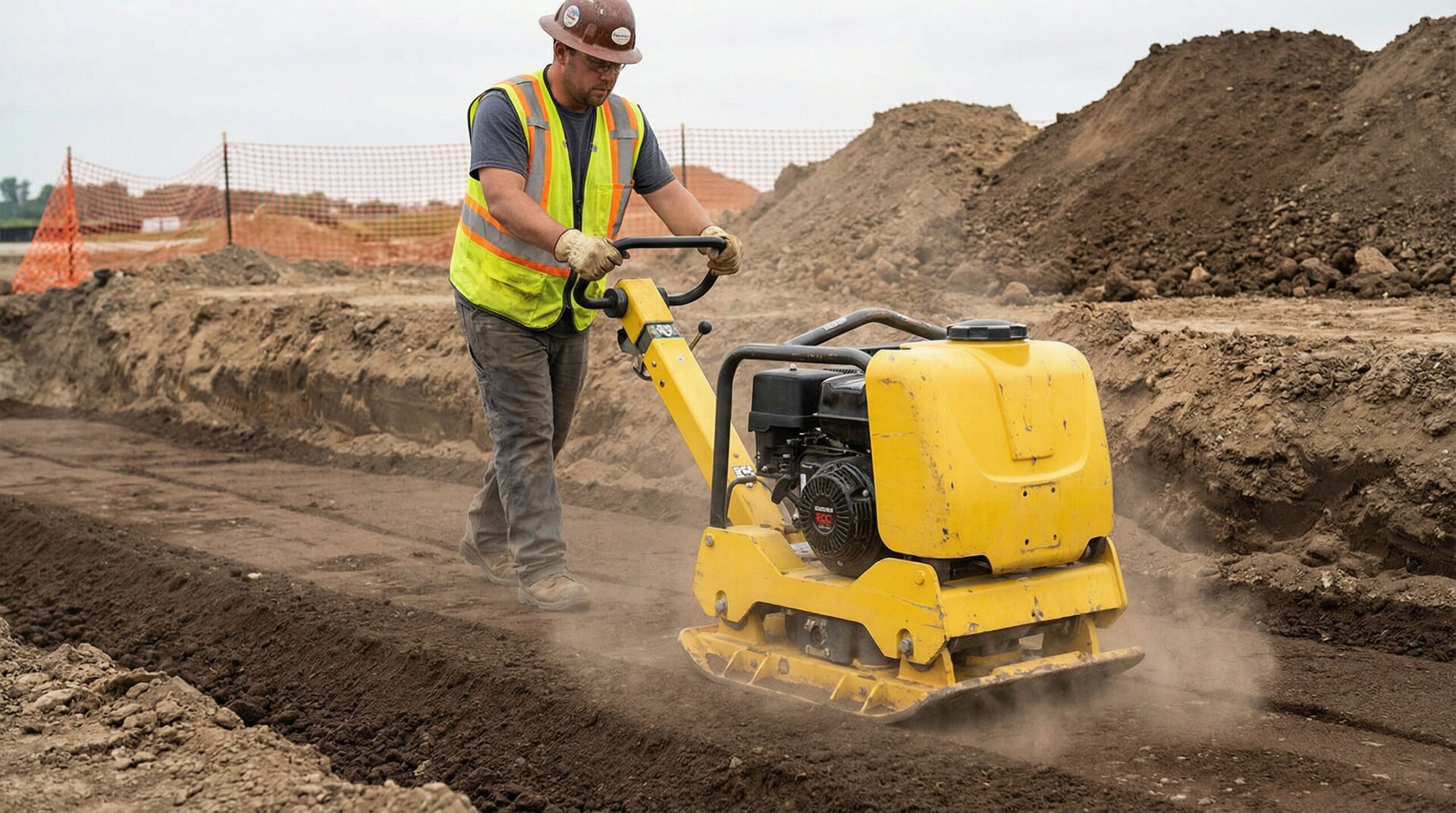 Construction worker using compactor on fill dirt showing proper compaction technique
