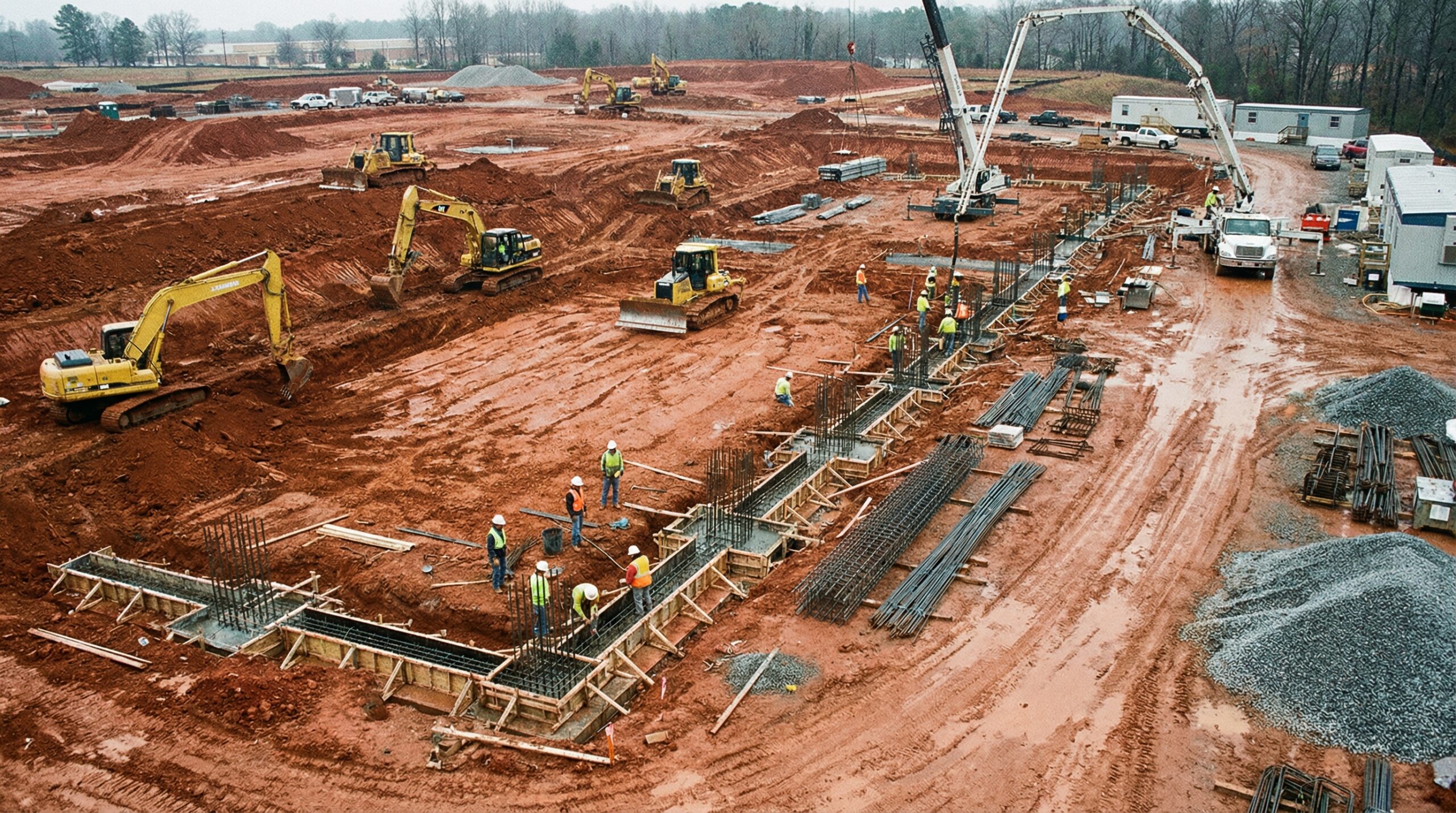 Construction site showing clay soil foundation preparation