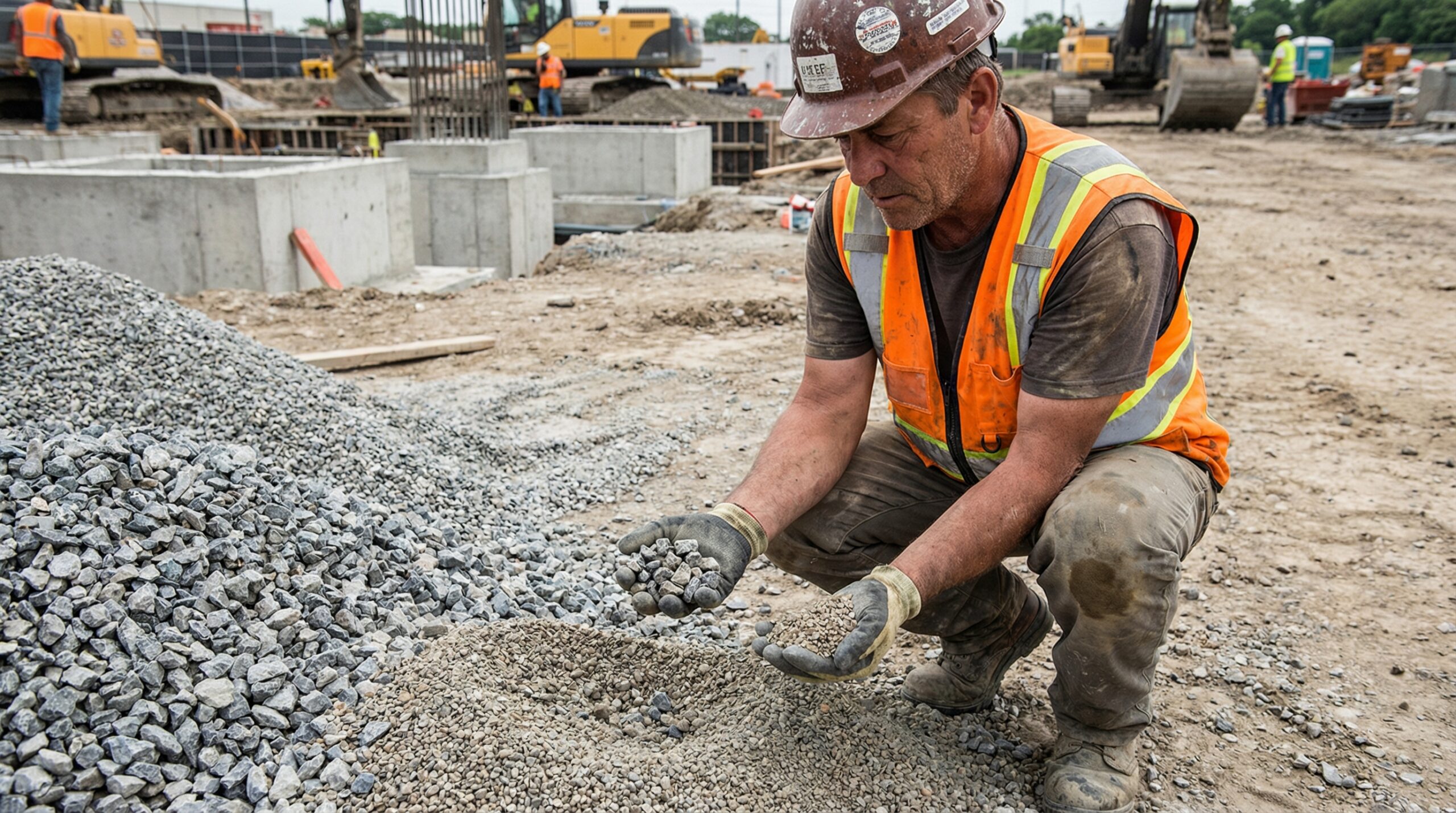 Construction worker comparing fill dirt and sand materials on job site