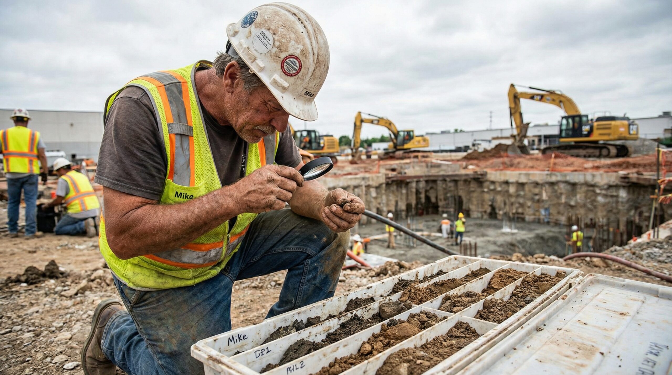 construction worker examining different soil samples on a construction site