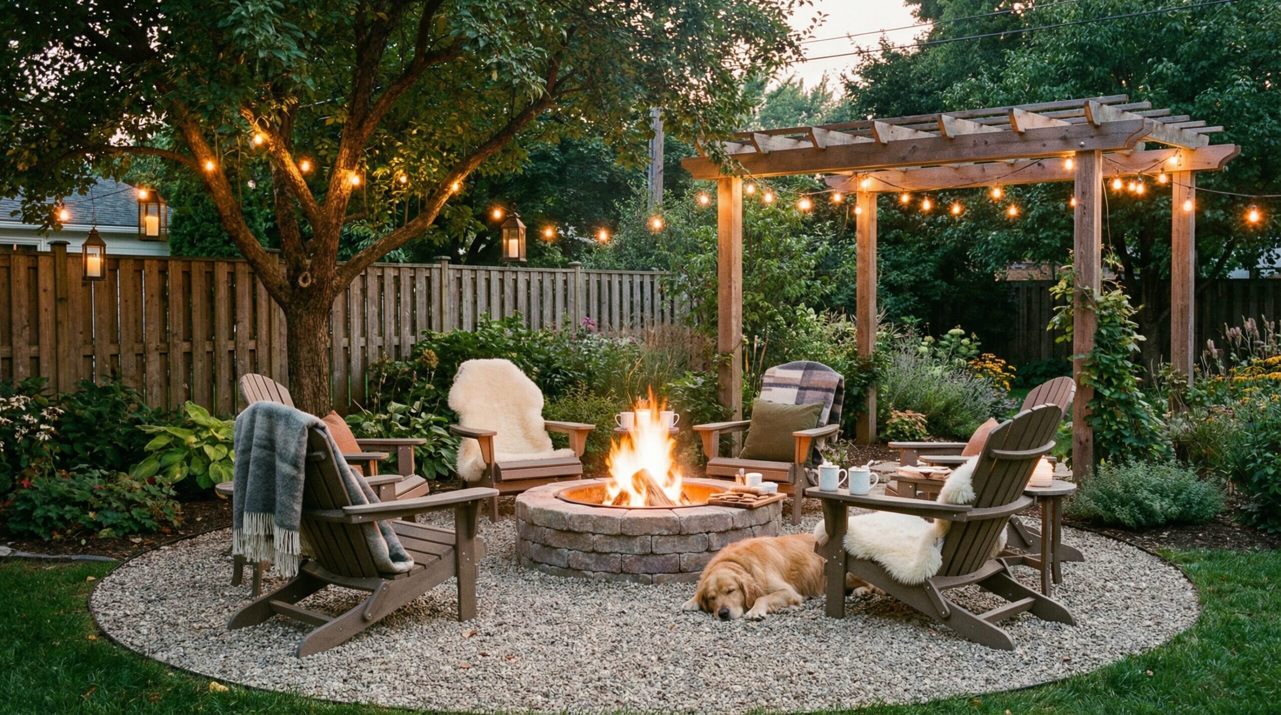 Cozy backyard fire pit area with pea gravel seating area in evening ambiance