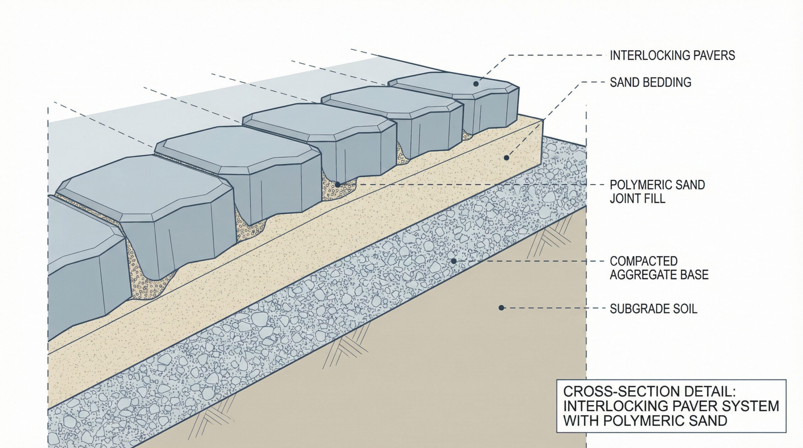 Cross-section diagram showing polymeric sand in paver joints