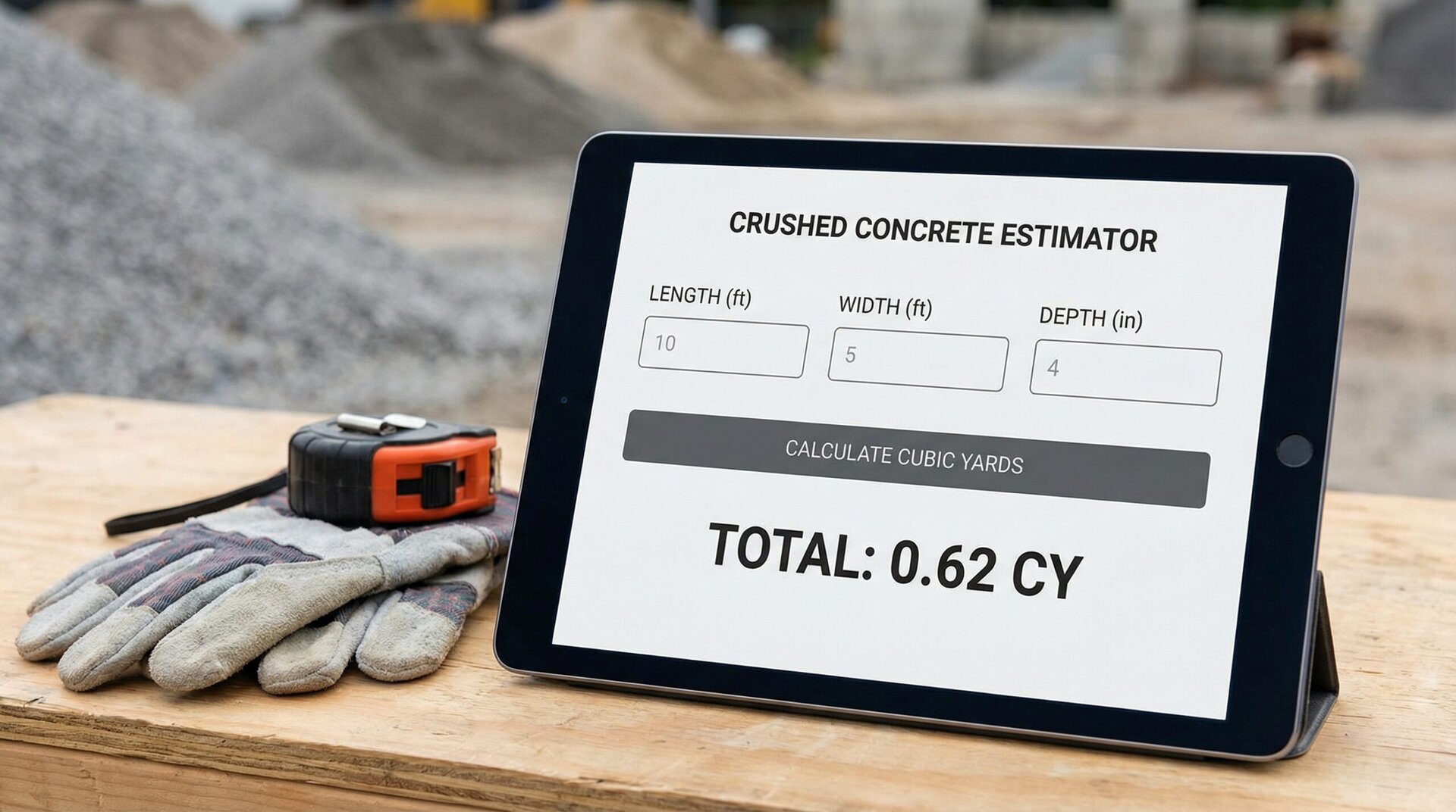 Crushed concrete calculator interface showing input fields for length, width, and depth