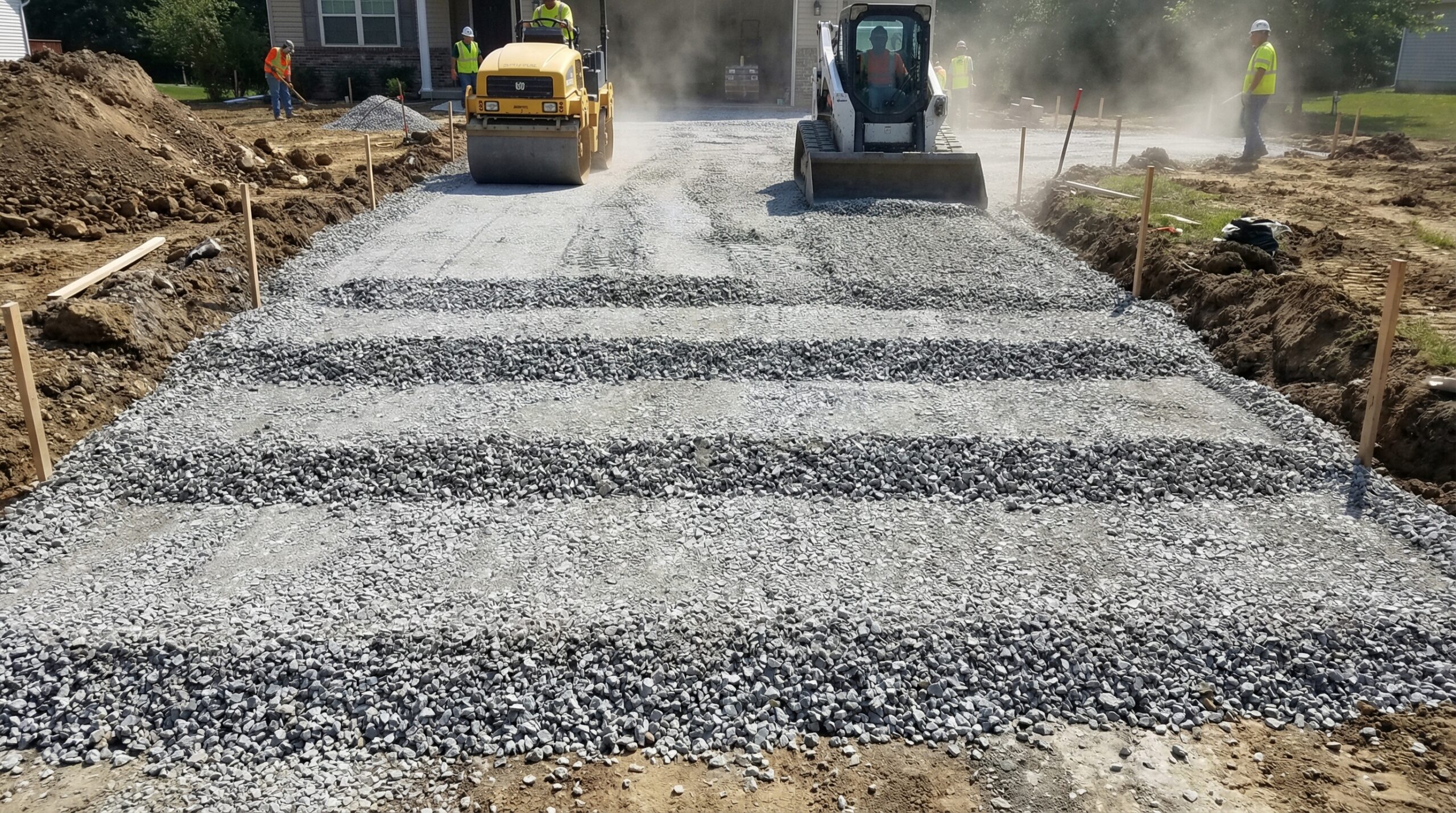 Crushed concrete driveway installation showing compaction