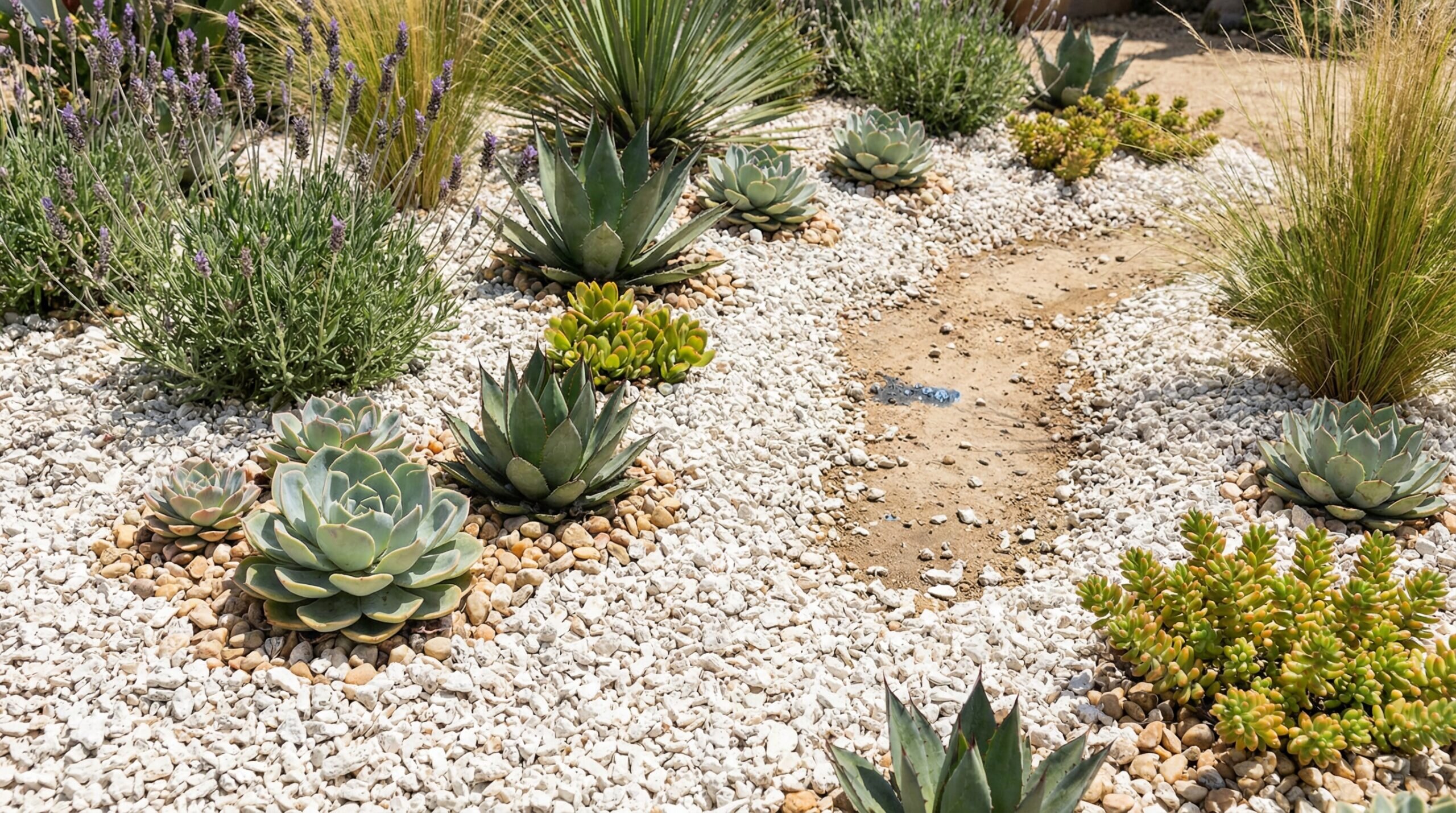 Crushed coral mulch around succulents showing drainage