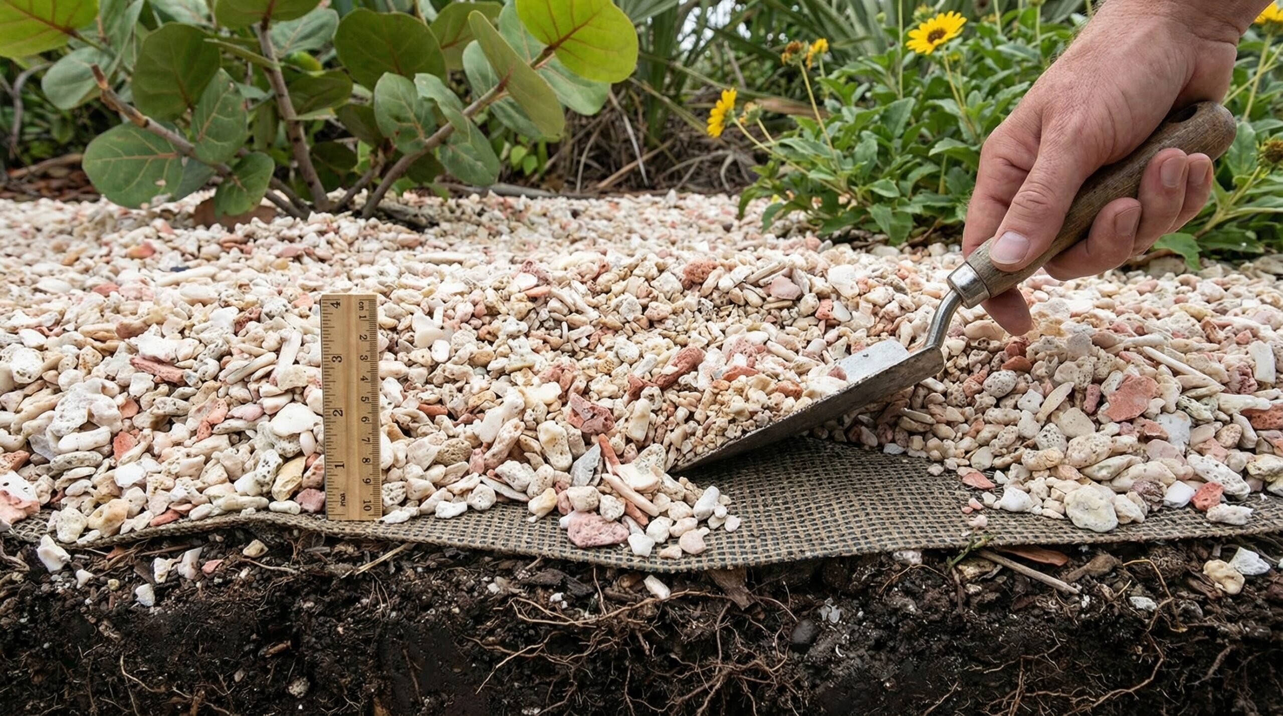 Crushed coral mulch installation showing depth and landscape fabric