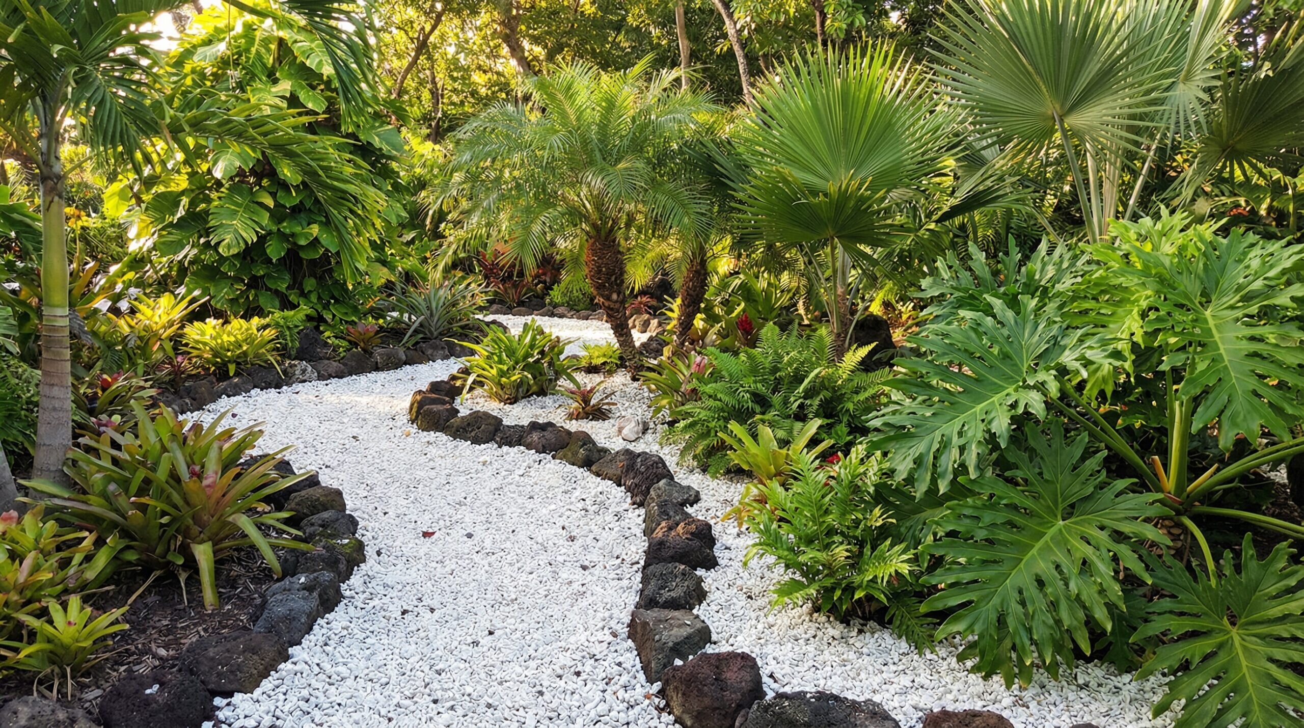 Crushed coral mulch in landscape bed with tropical plants
