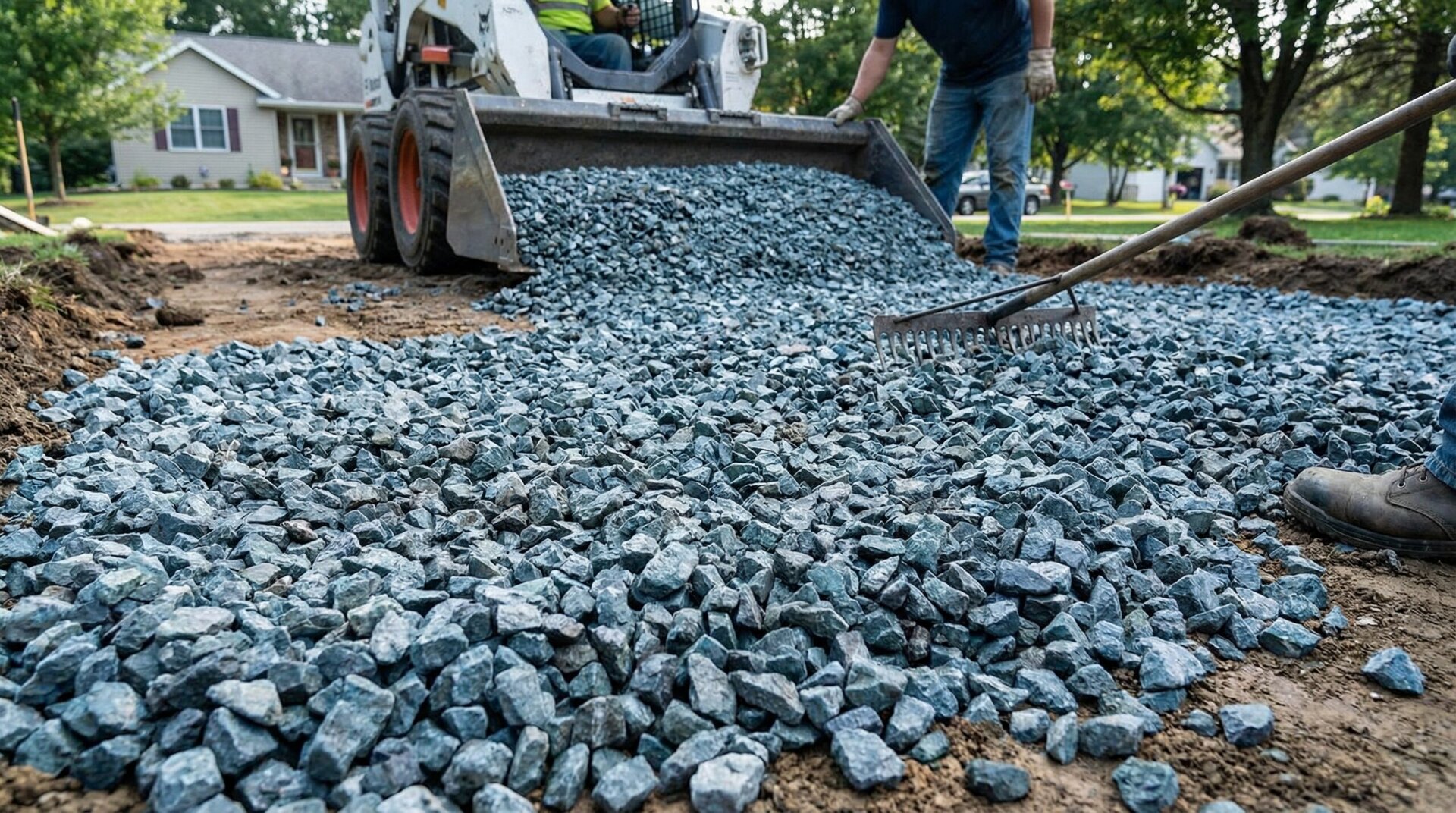 Driveway installation showing crushed gravel base with workers spreading material