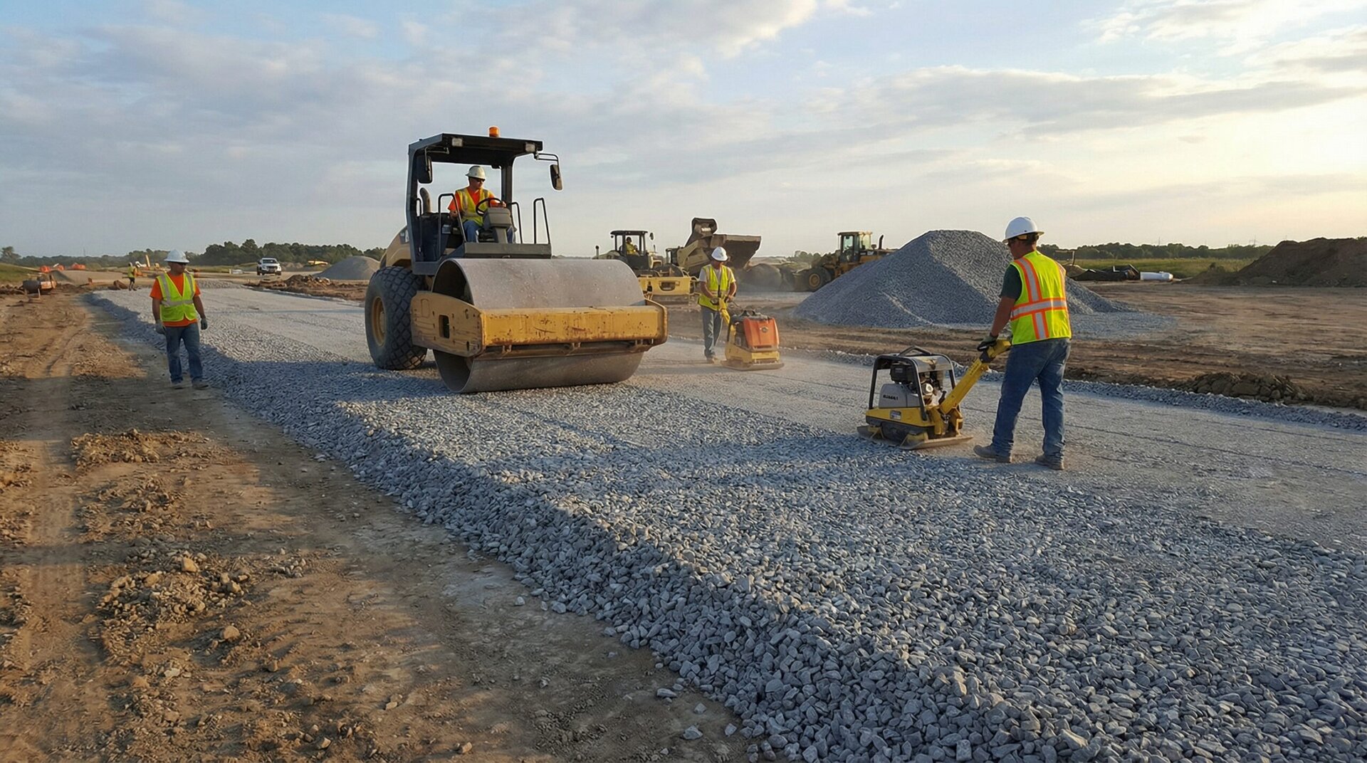 Crushed limestone installation process showing compaction and finishing