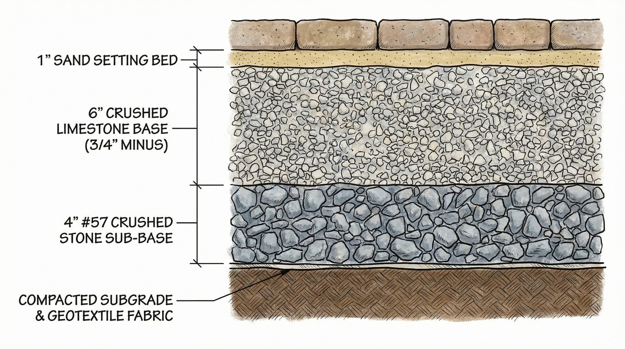 Cross-section diagram showing layers of crushed limestone patio base construction