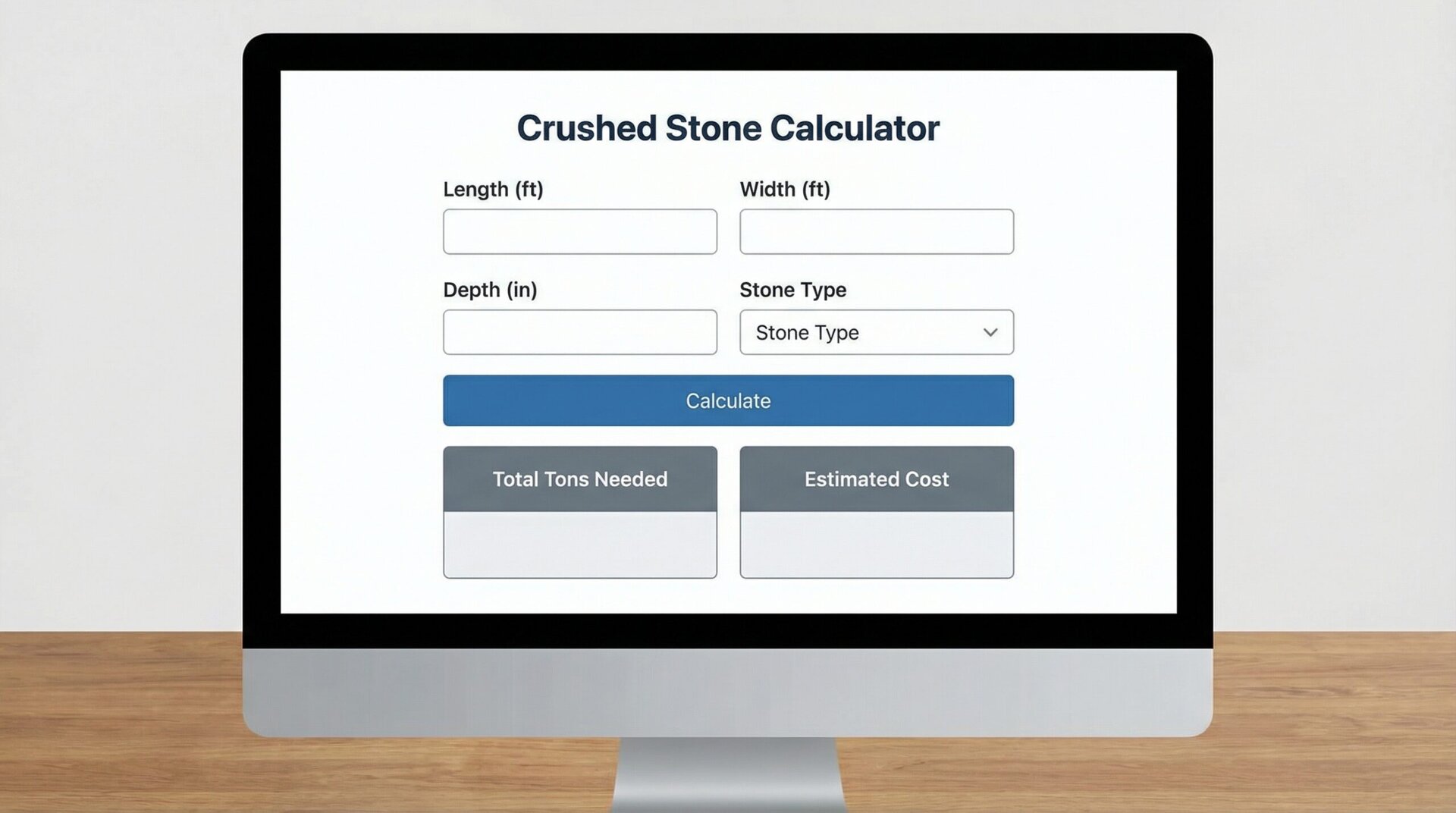 Crushed stone calculator tool interface showing input fields and results