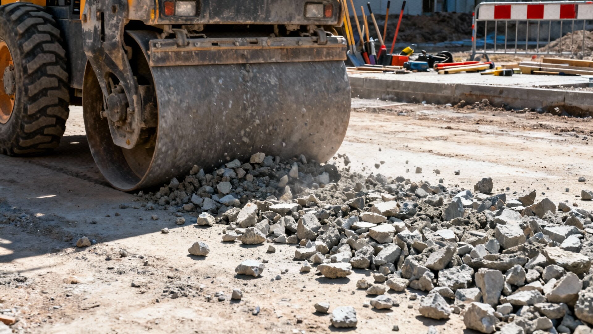 Crushed concrete being compacted showing volume reduction
