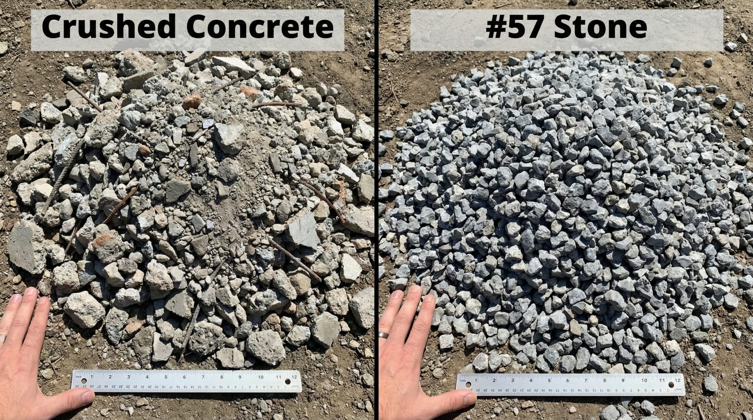 side-by-side comparison of crushed concrete and #57 stone materials showing texture and size differences