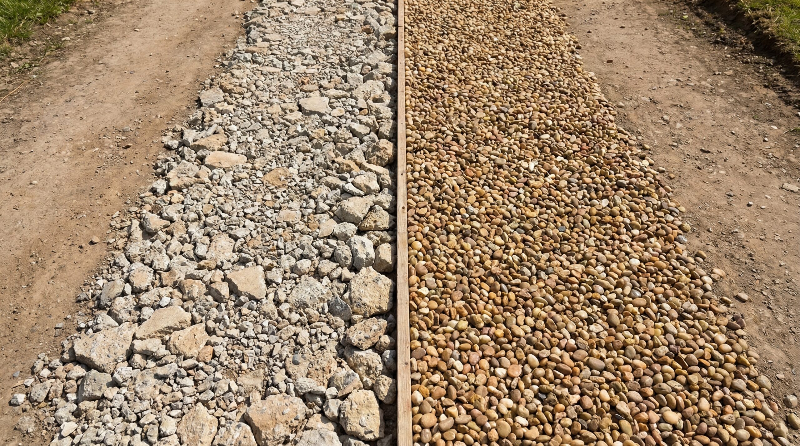 split-screen showing crushed concrete driveway next to pea gravel garden path