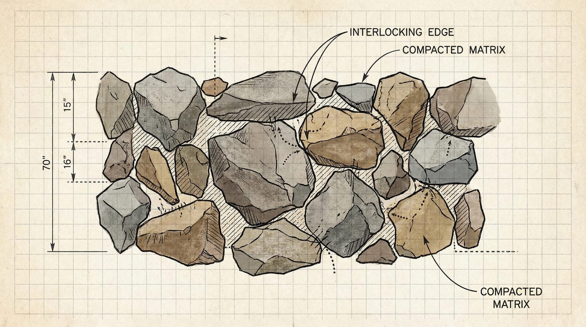Diagram showing how crushed stone pieces interlock together