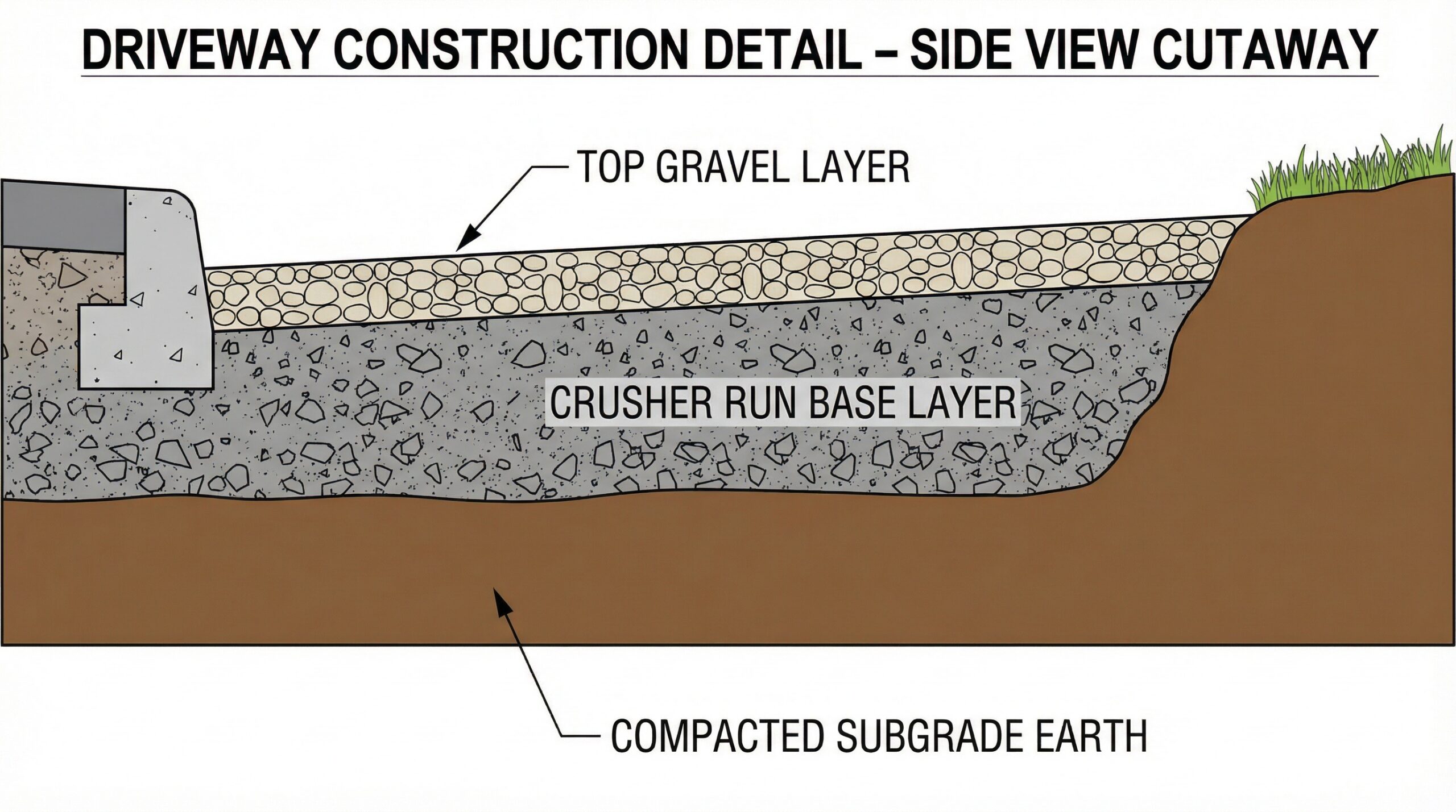 Cross section showing crusher run base with top gravel layer