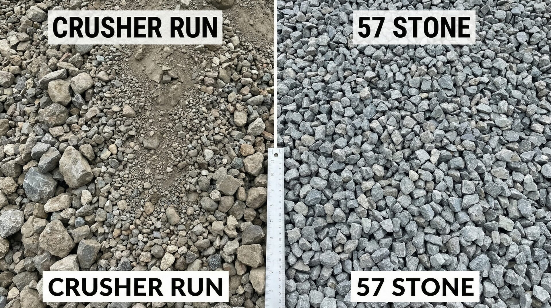 side-by-side comparison of crusher run and 57 stone materials showing texture and size differences