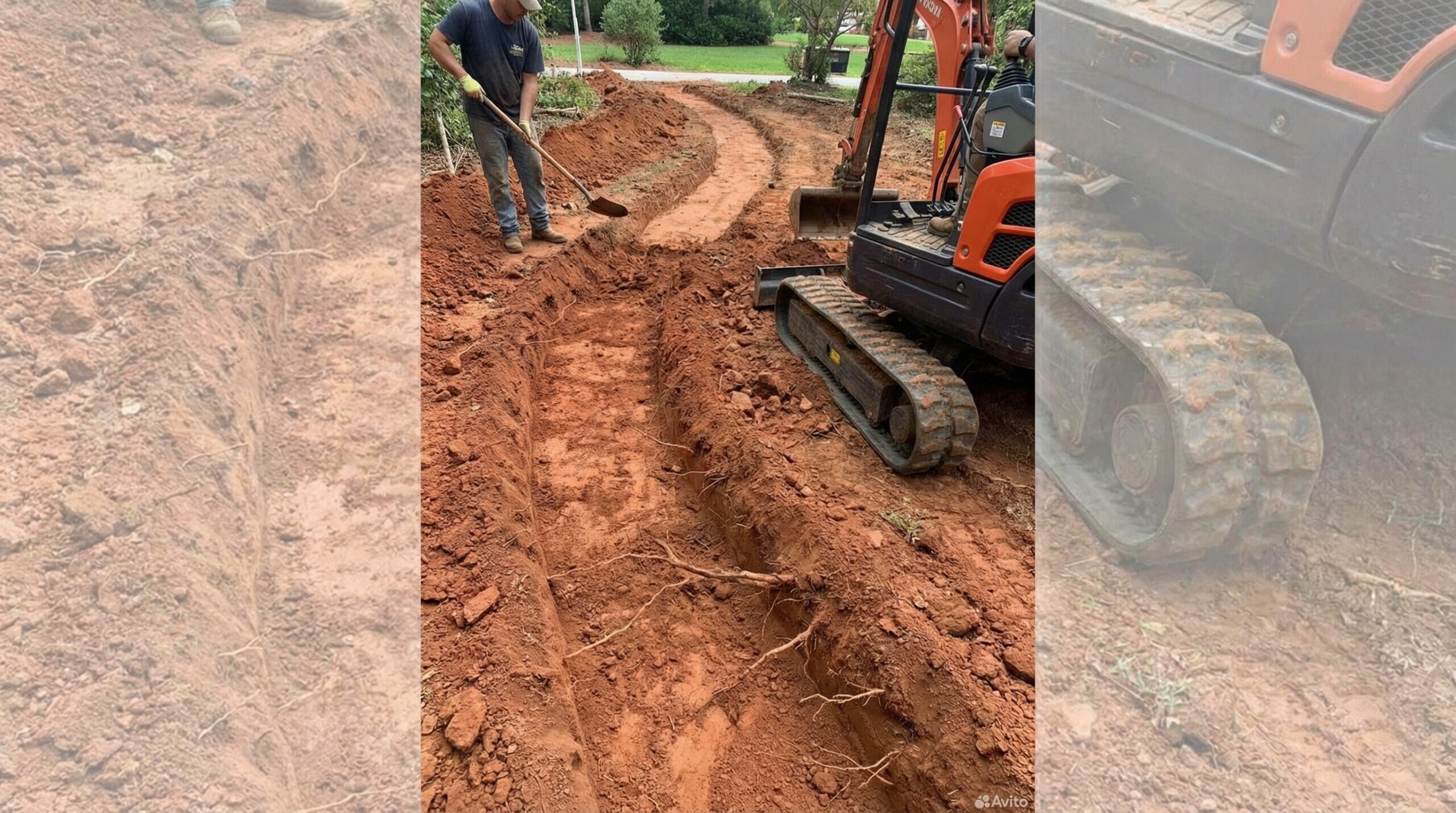 Step-by-step installation photos showing excavation, geotextile placement, limestone spreading, and compaction with plate compactor